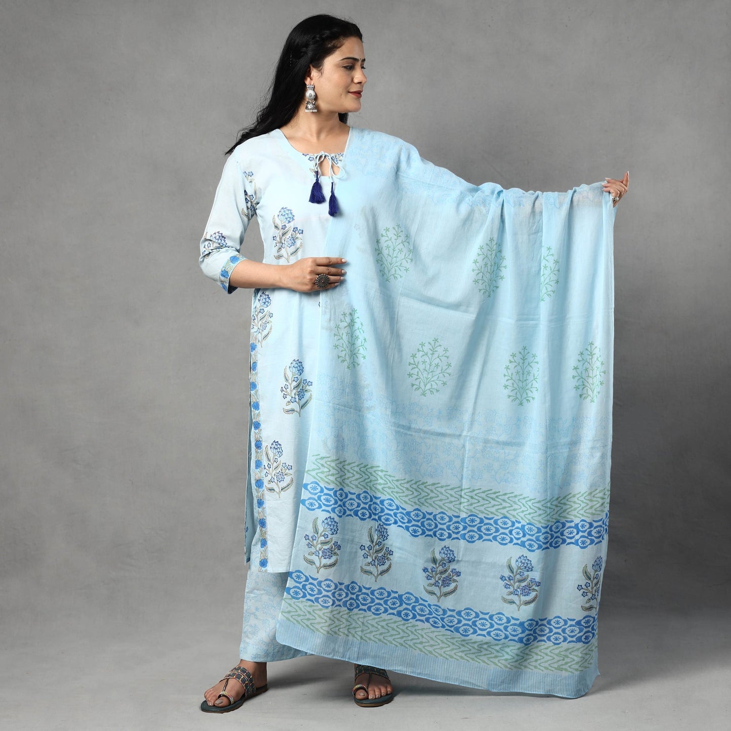 Sanganeri Block Printed Cotton Kurta with Palazzo & Dupatta Set