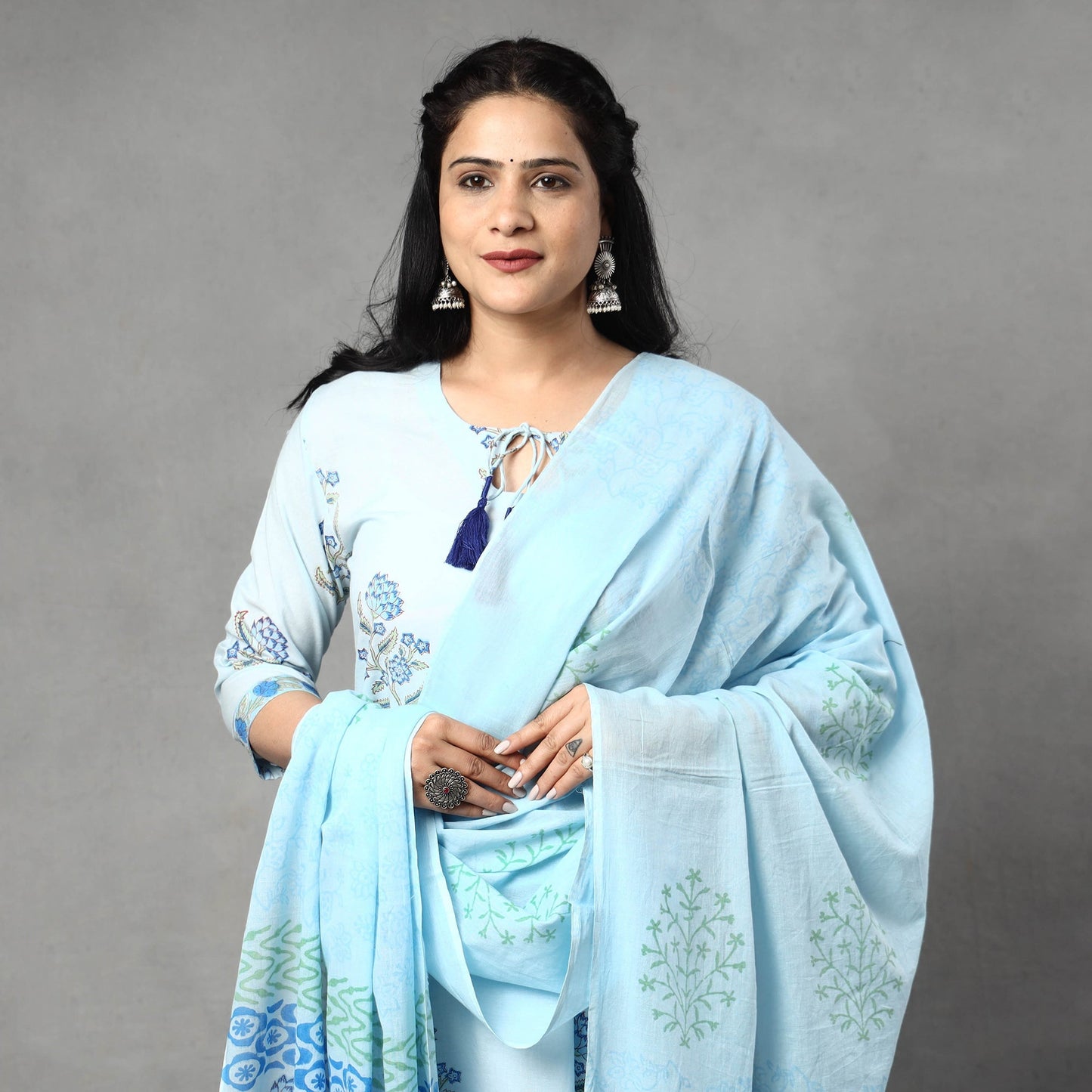 Sanganeri Block Printed Cotton Kurta with Palazzo & Dupatta Set