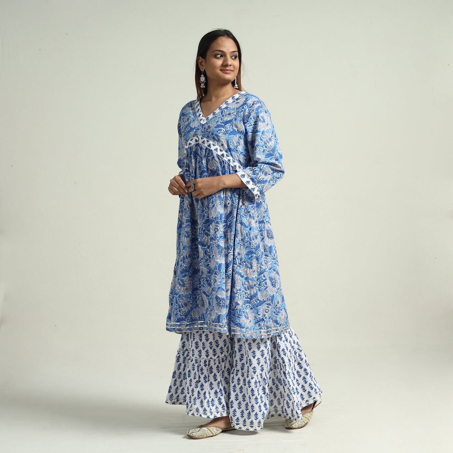 Blue - sanganeri block printed cotton kurta with sharara
