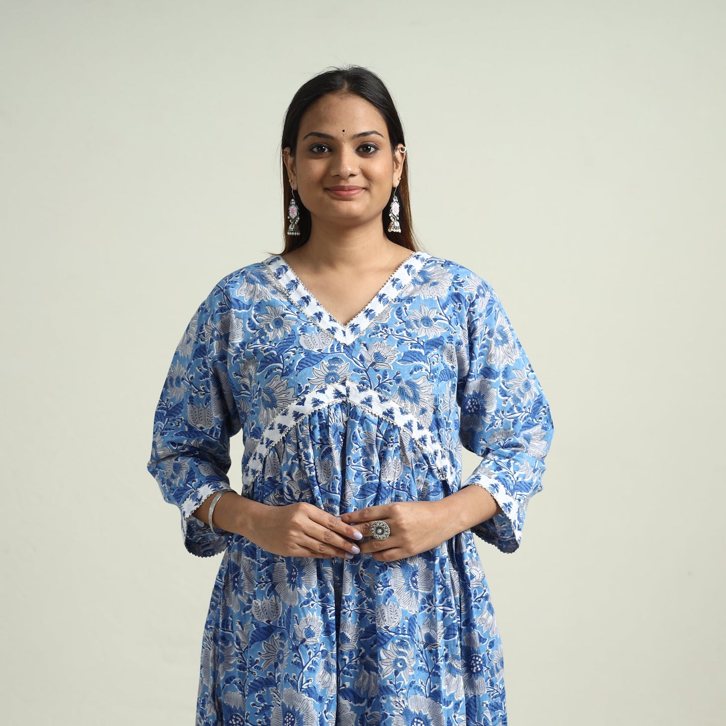 Blue - sanganeri block printed cotton kurta with sharara