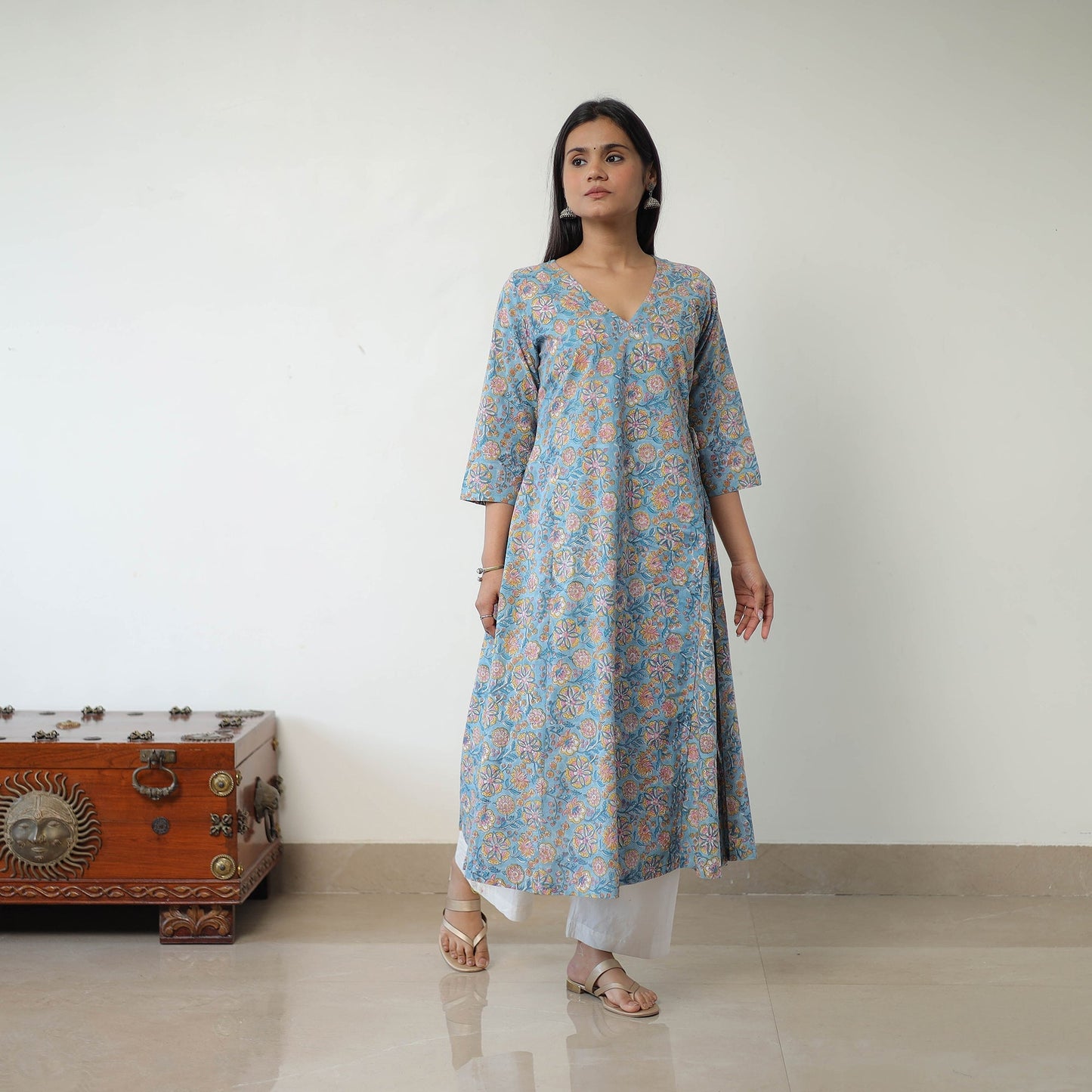 Blue Sanganeri Block Printed Cotton Long Kurta for Women