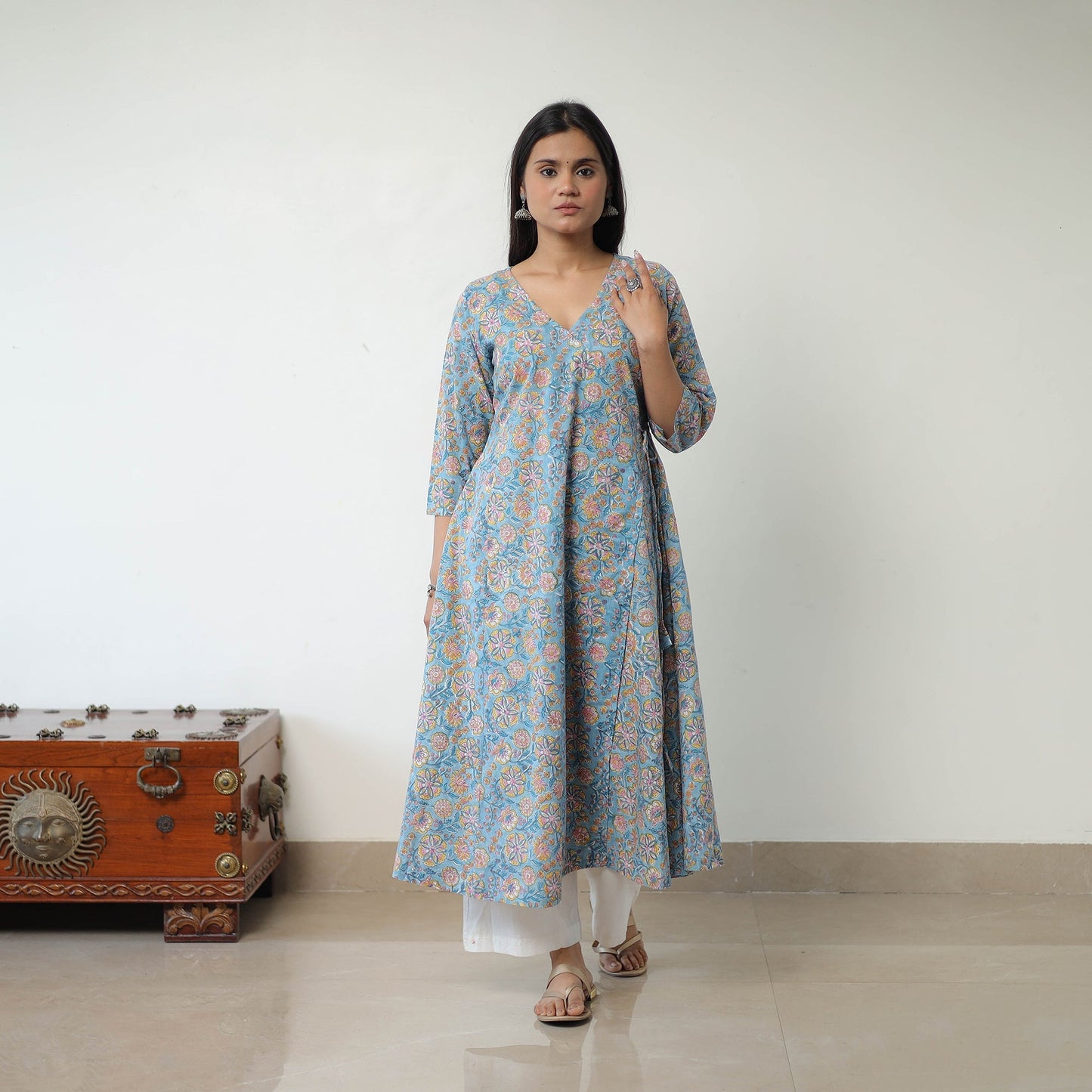 Blue Sanganeri Block Printed Cotton Long Kurta for Women