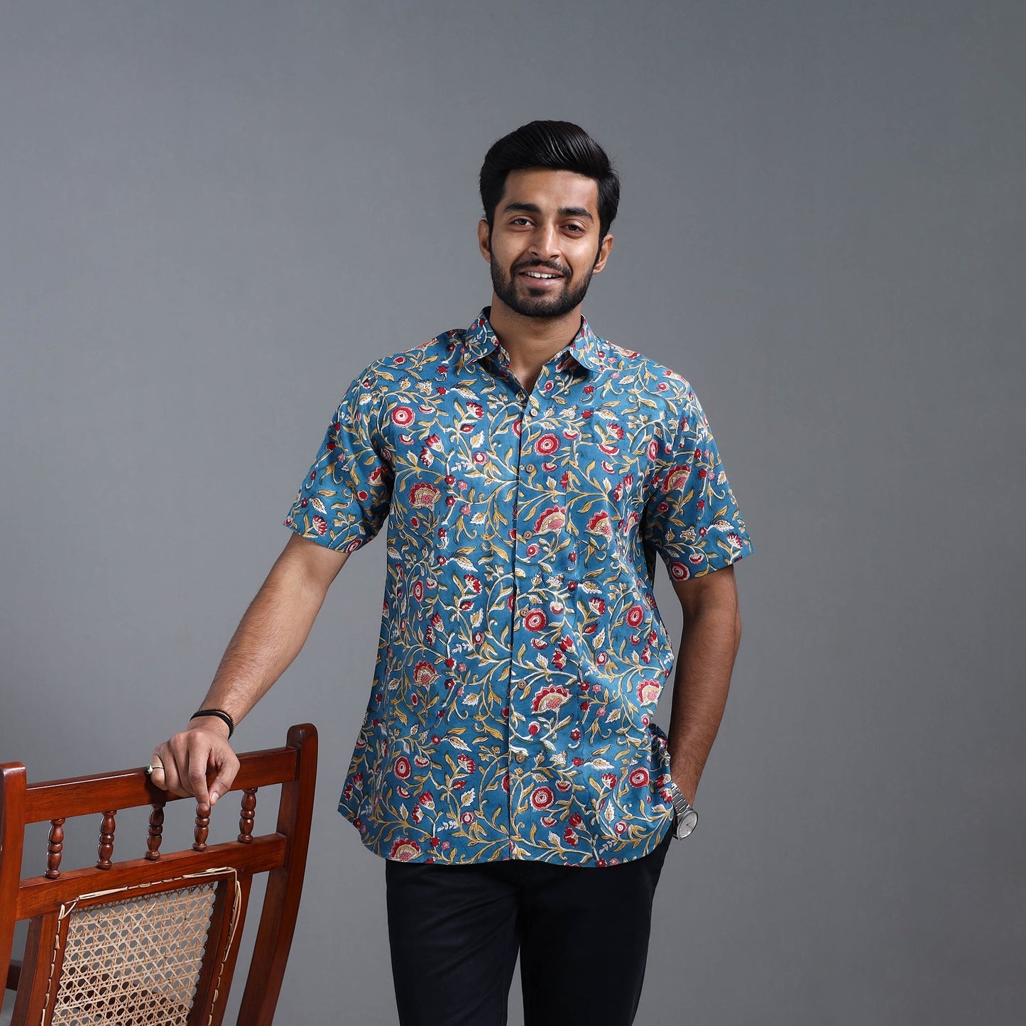 Buy Blue Sanganeri Block Print Cotton Men Half Sleeve Shirt