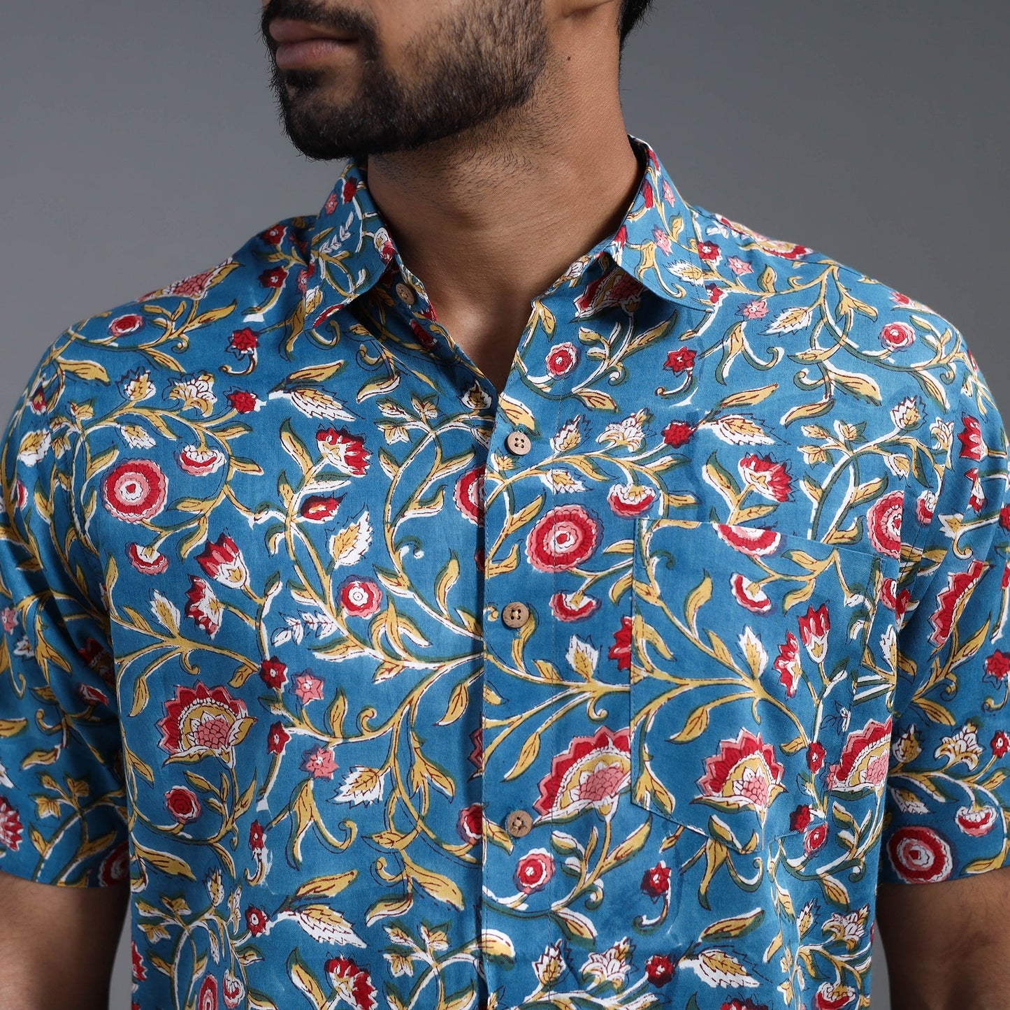 Buy Blue Sanganeri Block Print Cotton Men Half Sleeve Shirt
