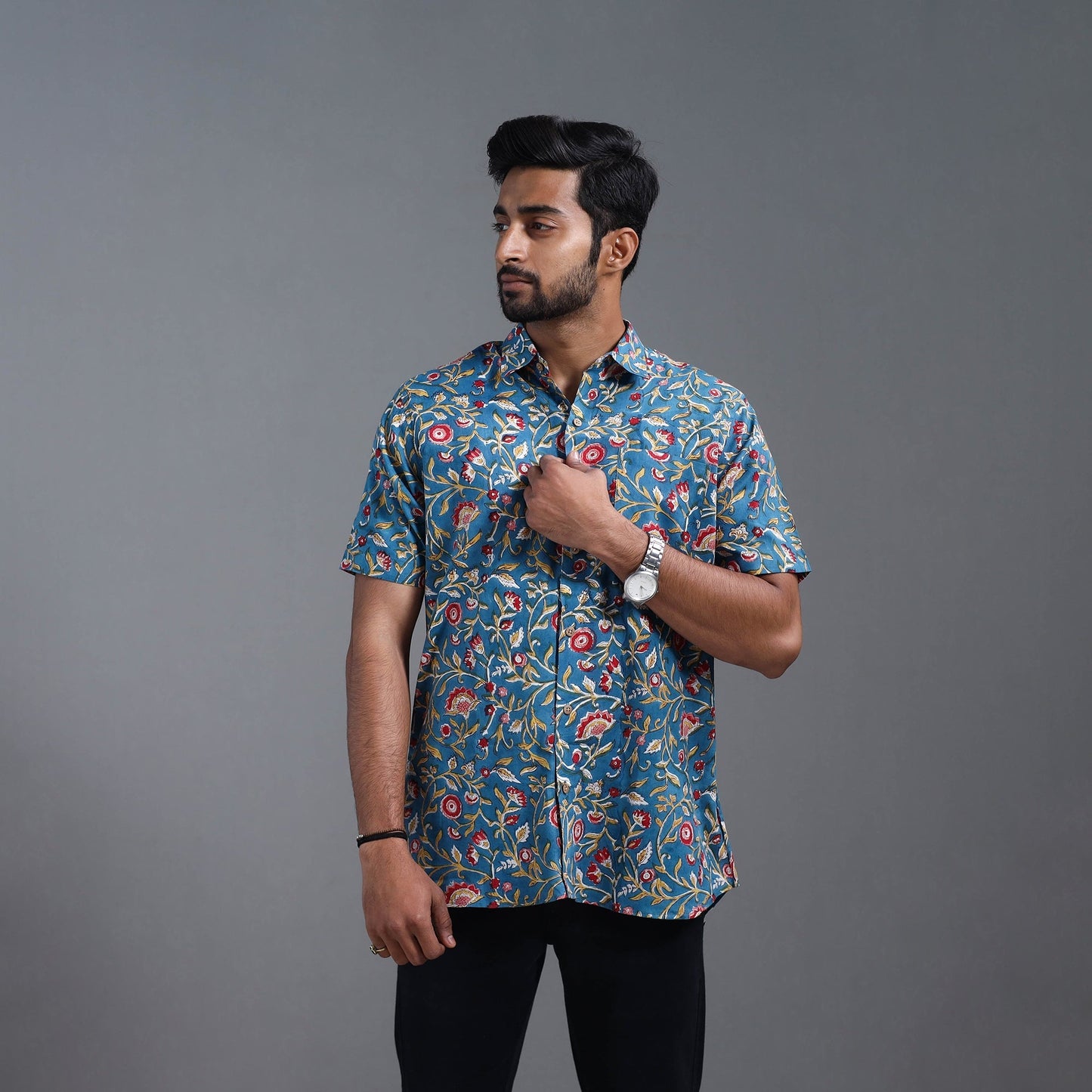 Buy Blue Sanganeri Block Print Cotton Men Half Sleeve Shirt