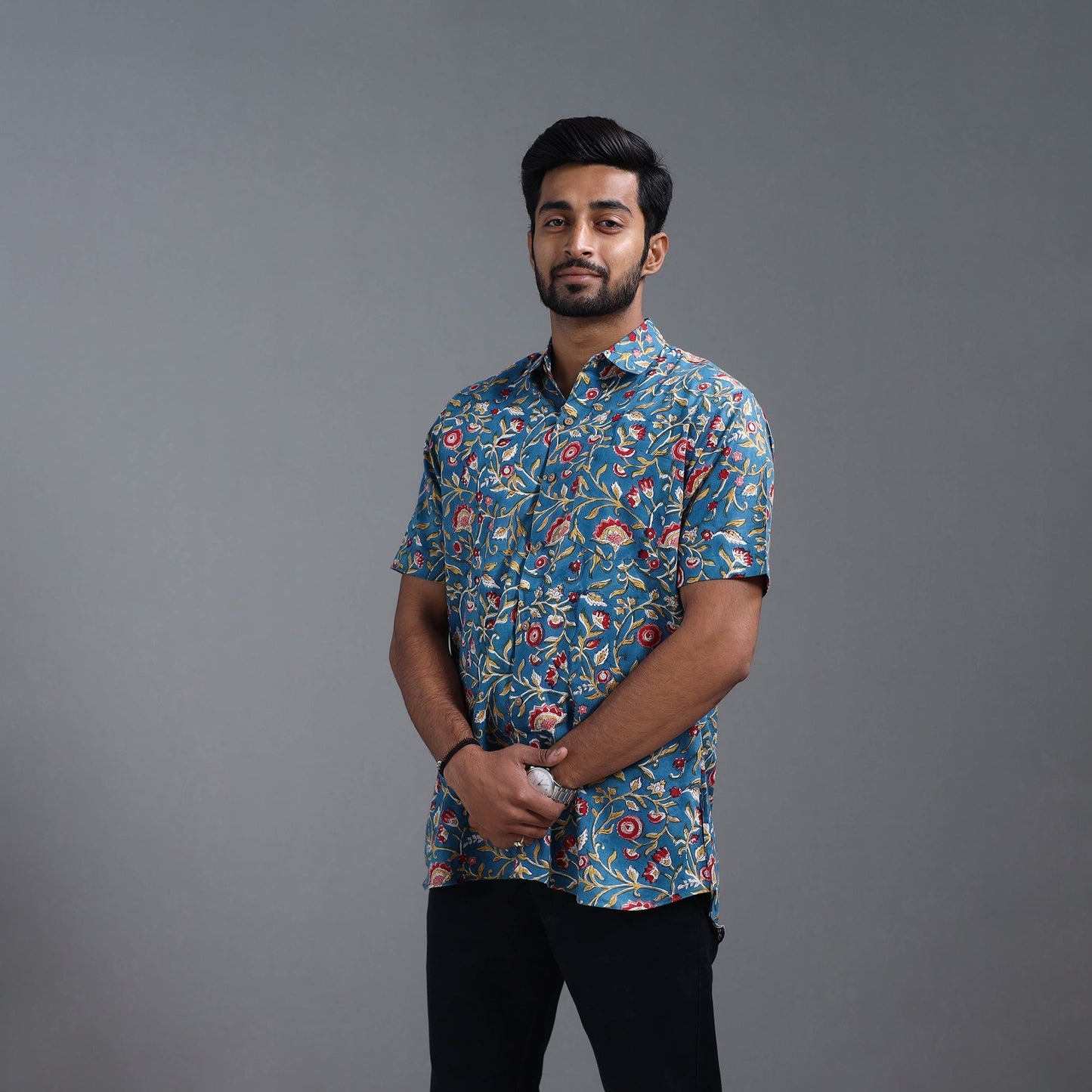 Buy Blue Sanganeri Block Print Cotton Men Half Sleeve Shirt