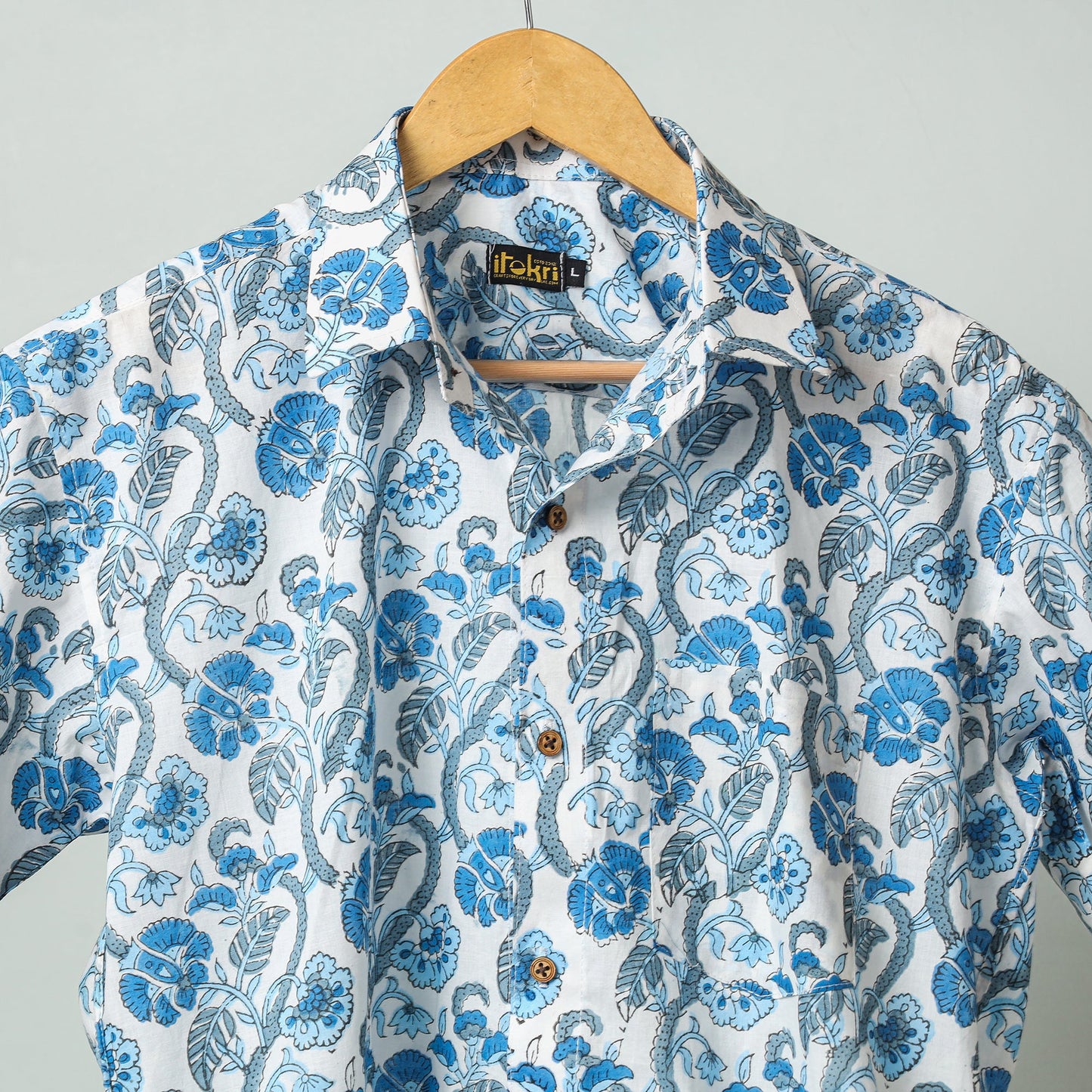 Blue - sanganeri block printed cotton men half sleeve shirt