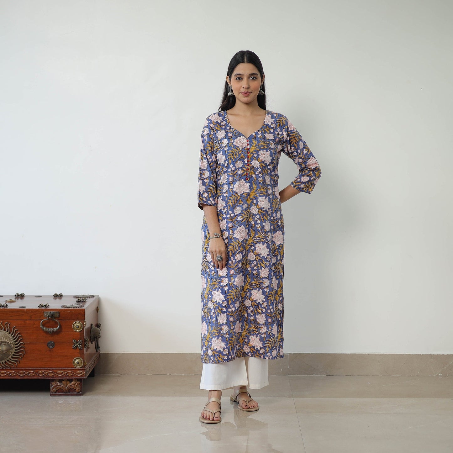 Blue Sanganeri Block Printed Cotton Straight Kurta