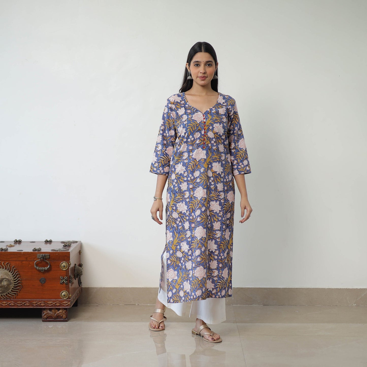Blue Sanganeri Block Printed Cotton Straight Kurta