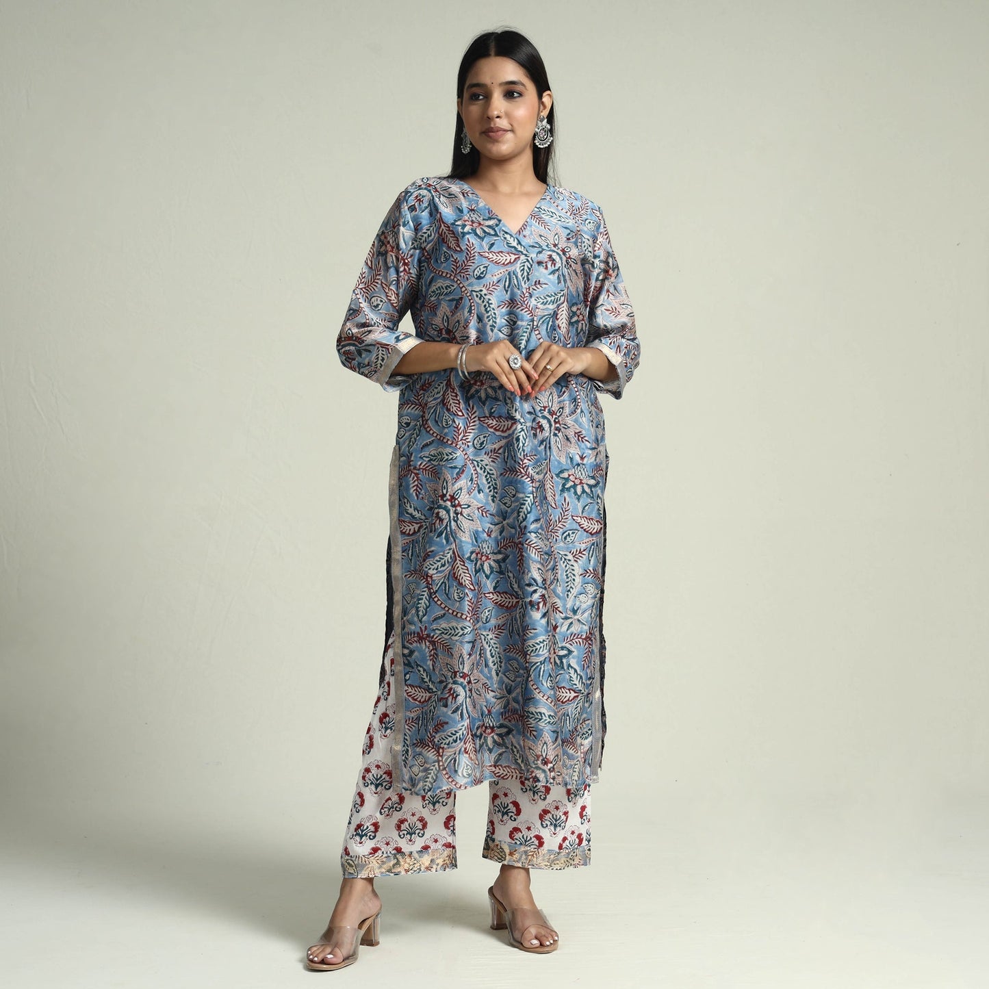 Sanganeri Block Printed Maheshwari Silk Kurta with Palazzo & Dupatta Set Online at iTokri.com
