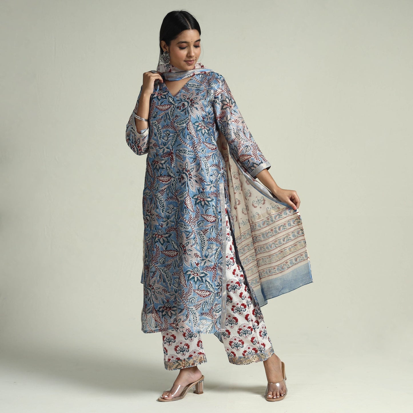 Sanganeri Block Printed Maheshwari Silk Kurta with Palazzo & Dupatta Set Online at iTokri.com