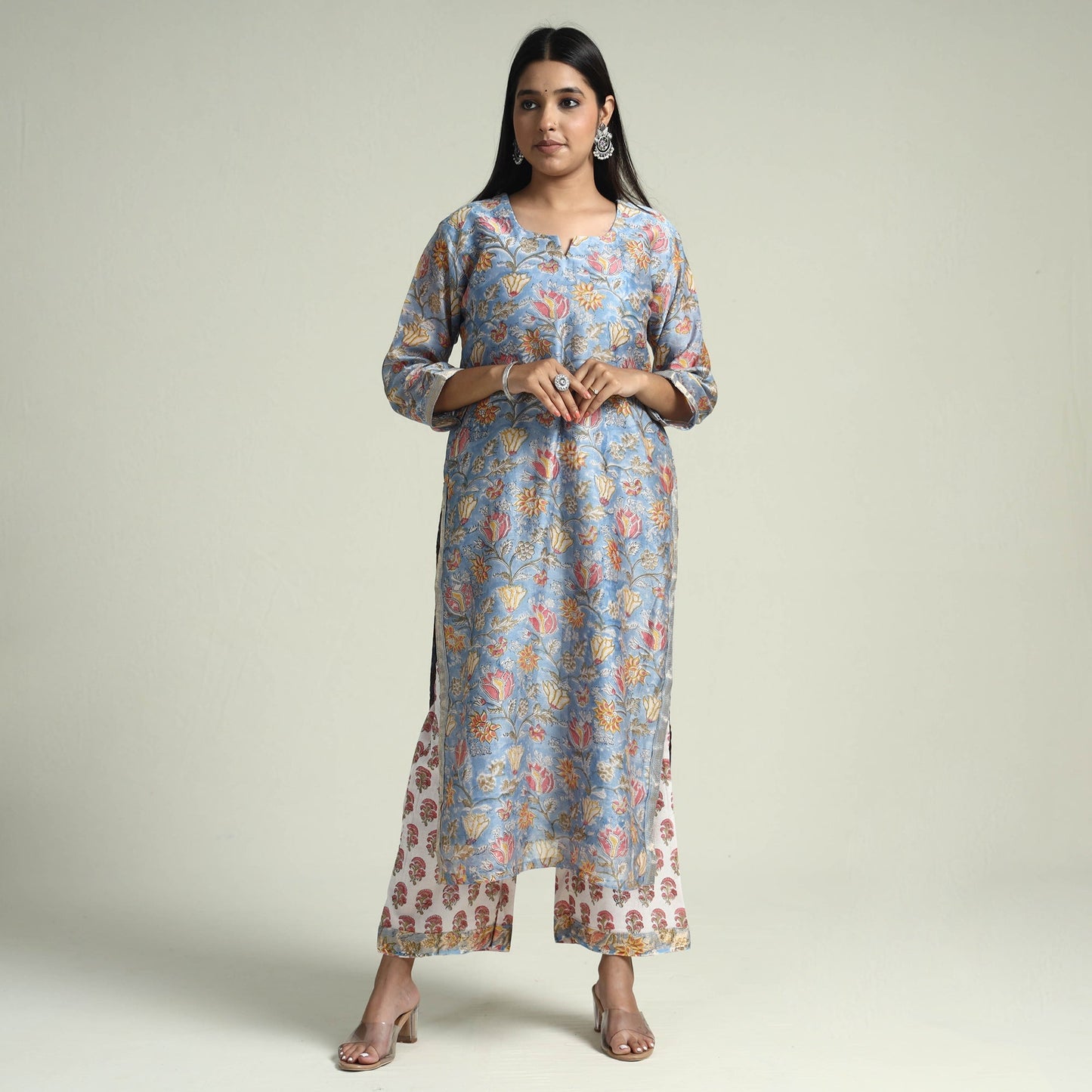 Sanganeri Block Printed Maheshwari Silk Kurta with Palazzo & Dupatta Set