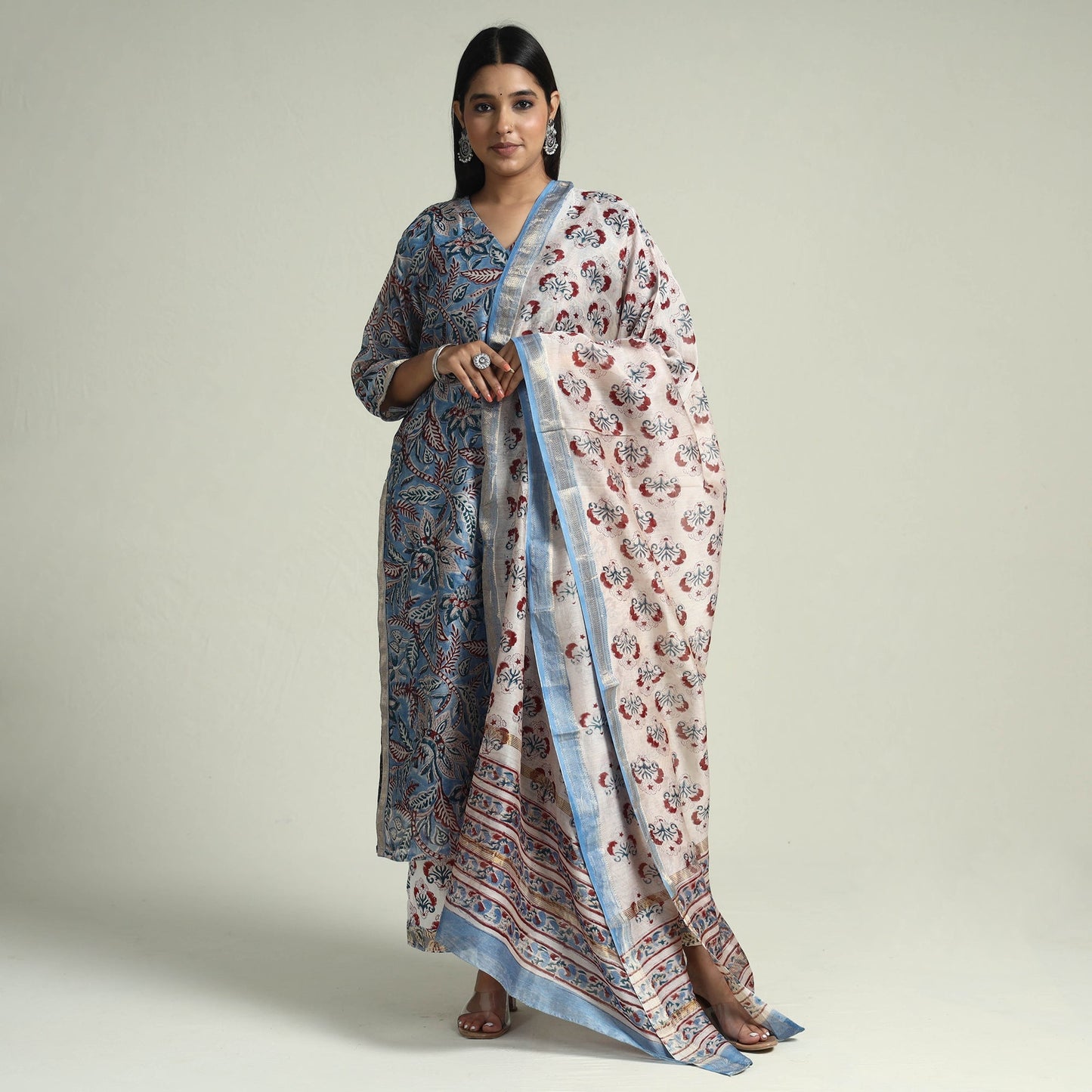 Sanganeri Block Printed Maheshwari Silk Kurta with Palazzo & Dupatta Set Online at iTokri.com