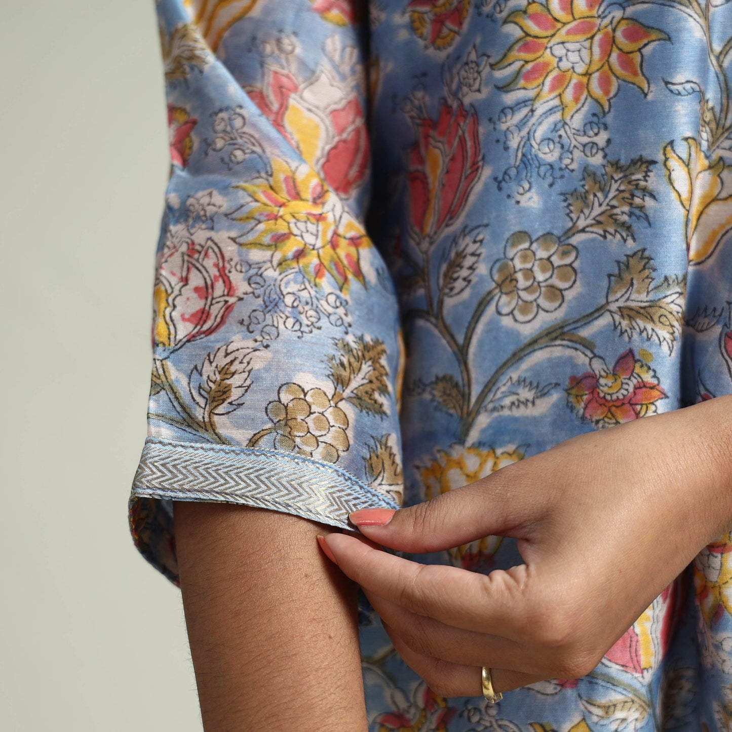 Sanganeri Block Printed Maheshwari Silk Kurta with Palazzo & Dupatta Set