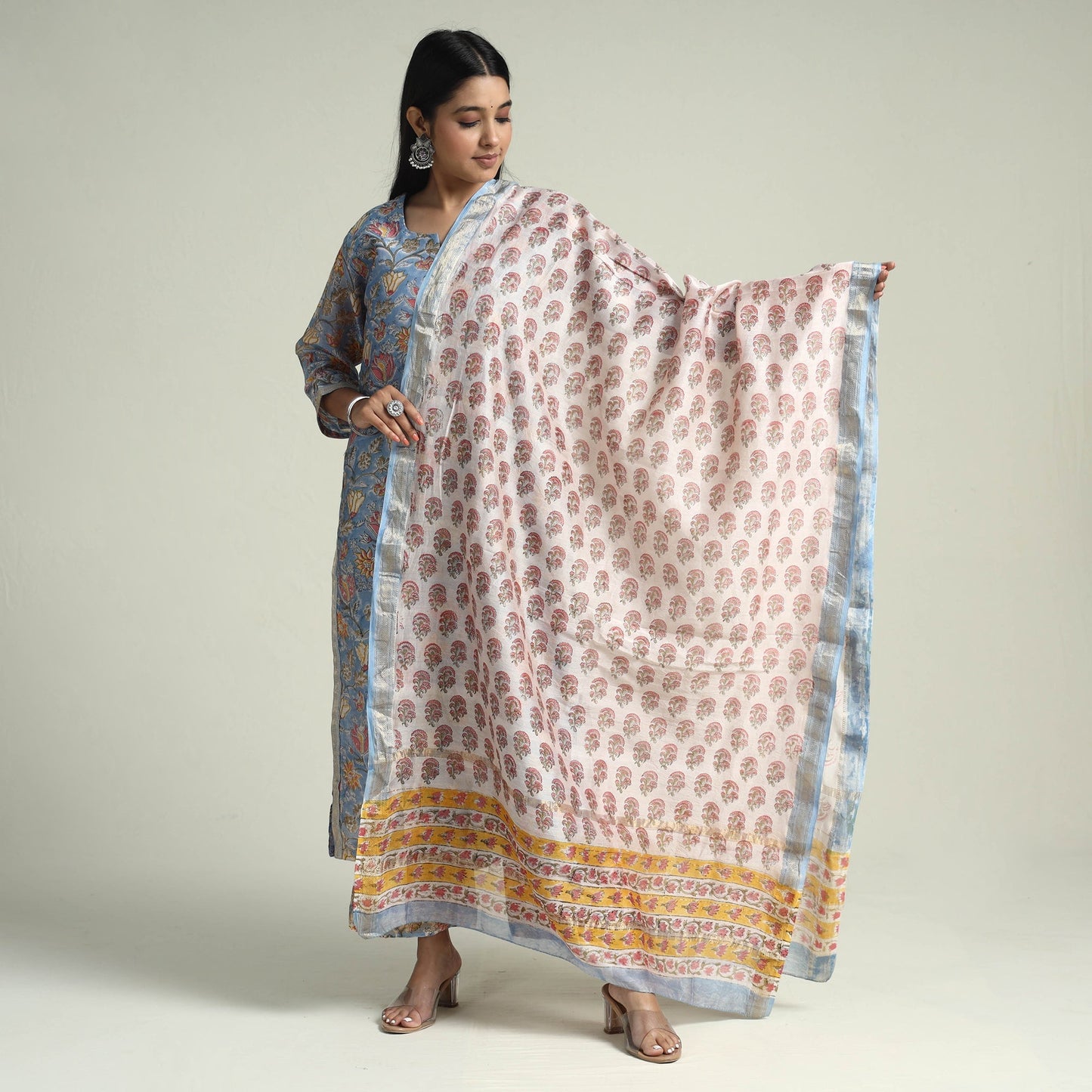 Sanganeri Block Printed Maheshwari Silk Kurta with Palazzo & Dupatta Set