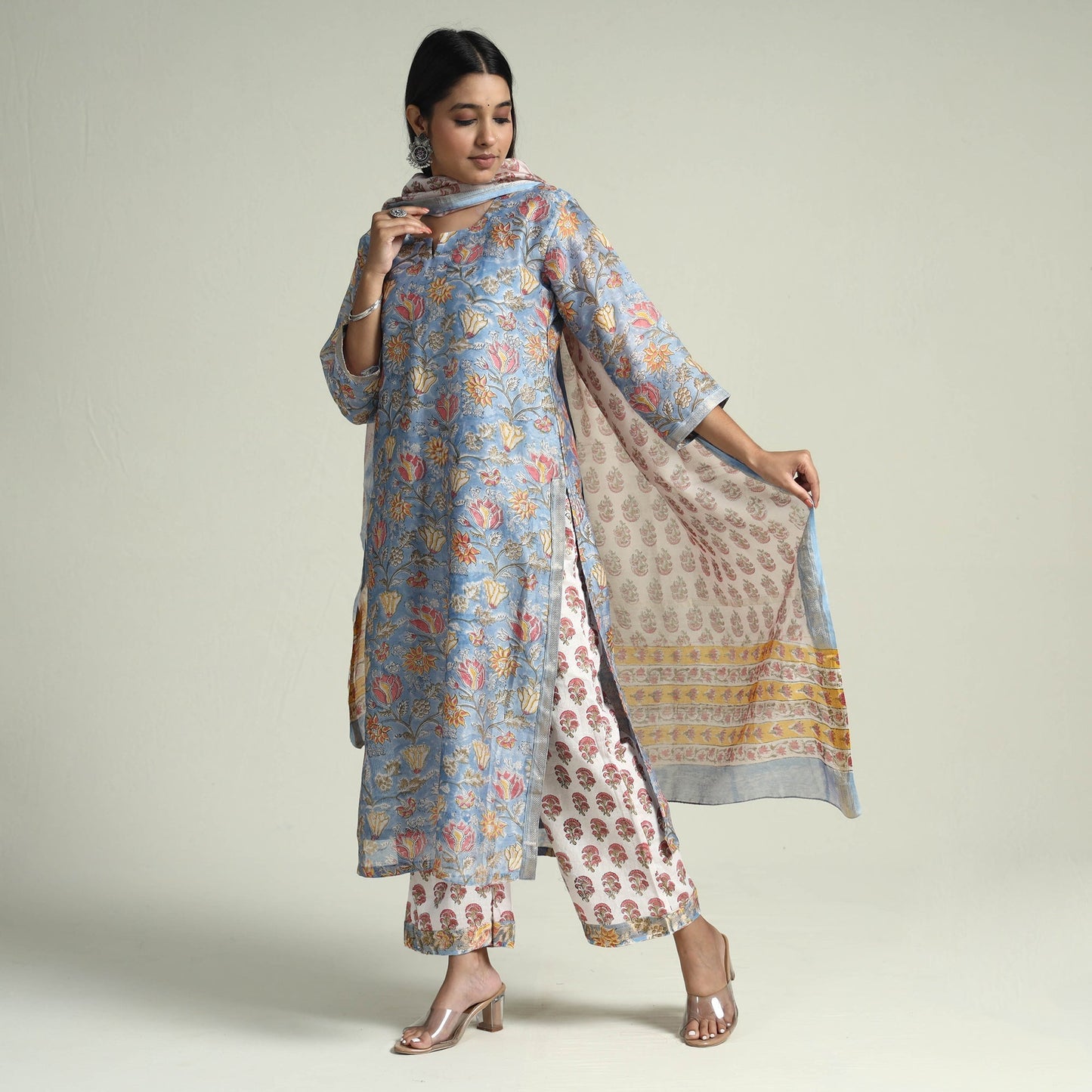 Sanganeri Block Printed Maheshwari Silk Kurta with Palazzo & Dupatta Set