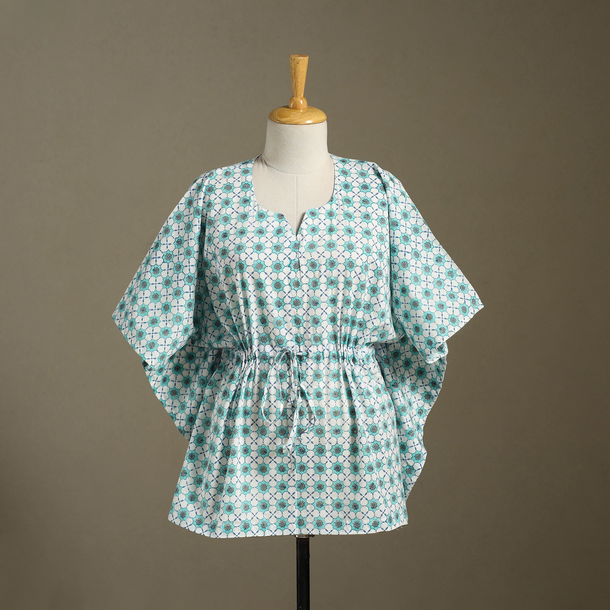 Blue - Sanganeri Block Print Cotton Kaftan (Medium) 44