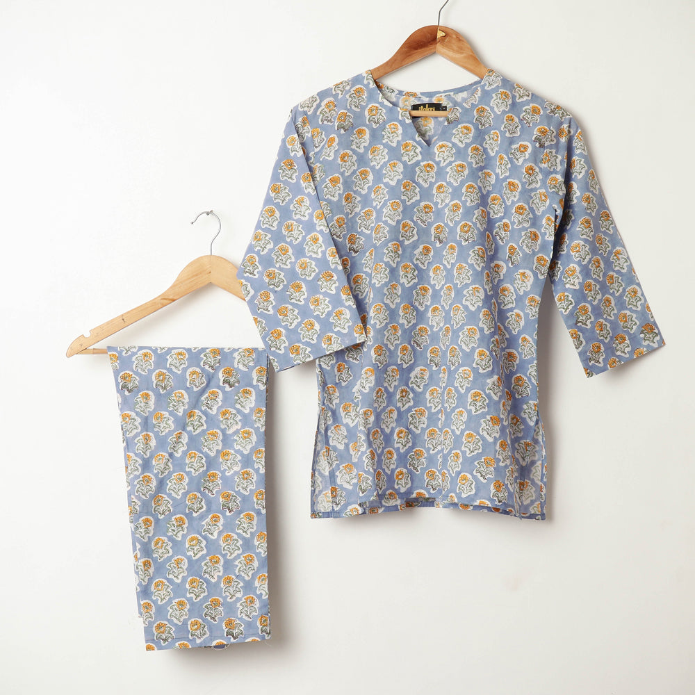 Blue - sanganeri cotton night suit - handcrafted