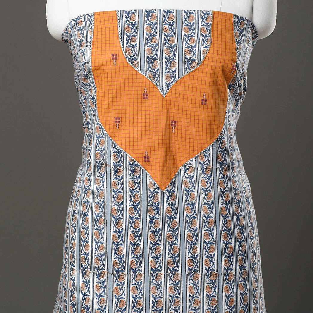 Blue - sanganeri cotton patchwork unstitched kurta material