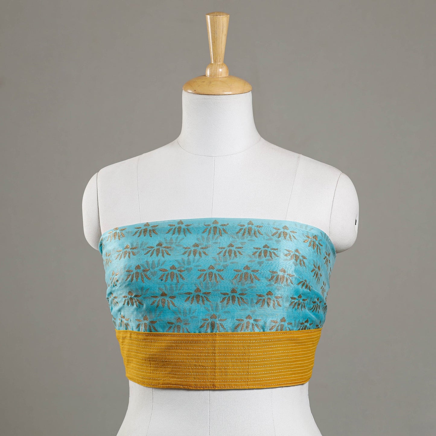Blue - Sanganeri Gold Block Printed Chanderi Silk Blouse Piece