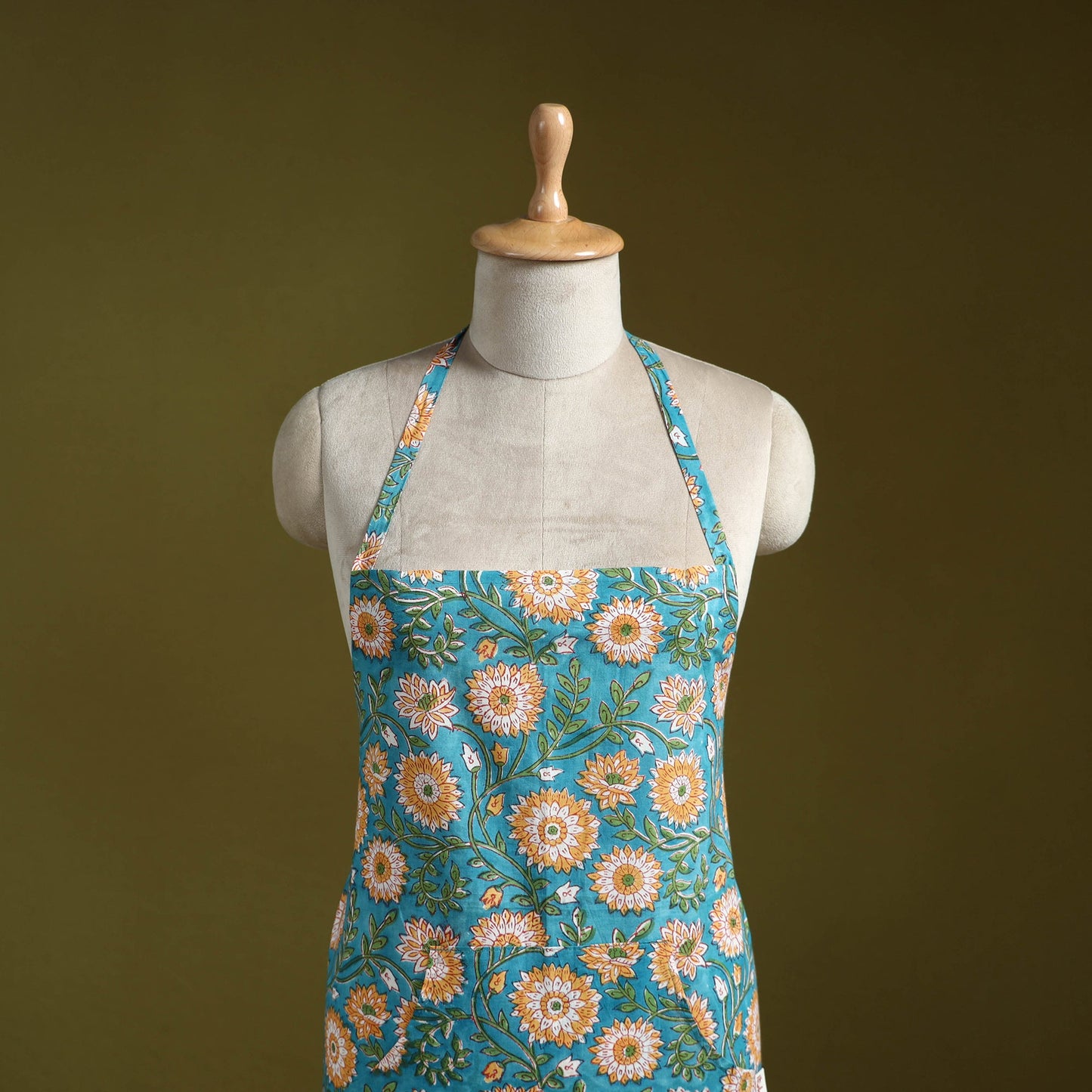 Blue - sanganeri hand block print apron with pocket 06