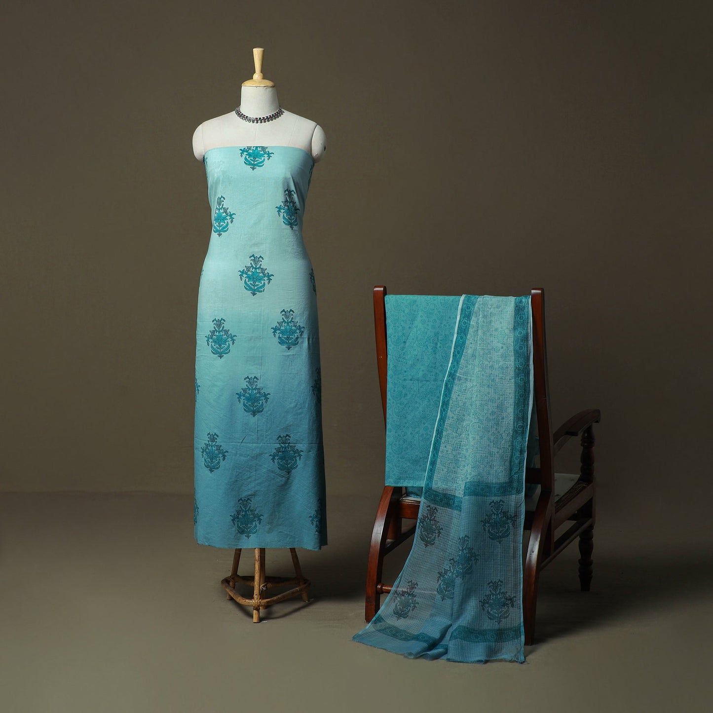 Sanganeri hand block print cotton 3pc unstitched dress