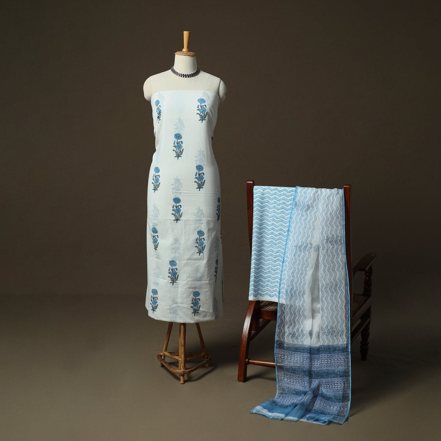 Sanganeri hand block print cotton 3pc unstitched dress