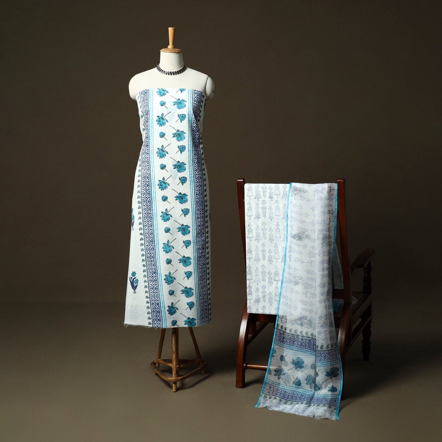 Sanganeri hand block print cotton 3pc unstitched dress