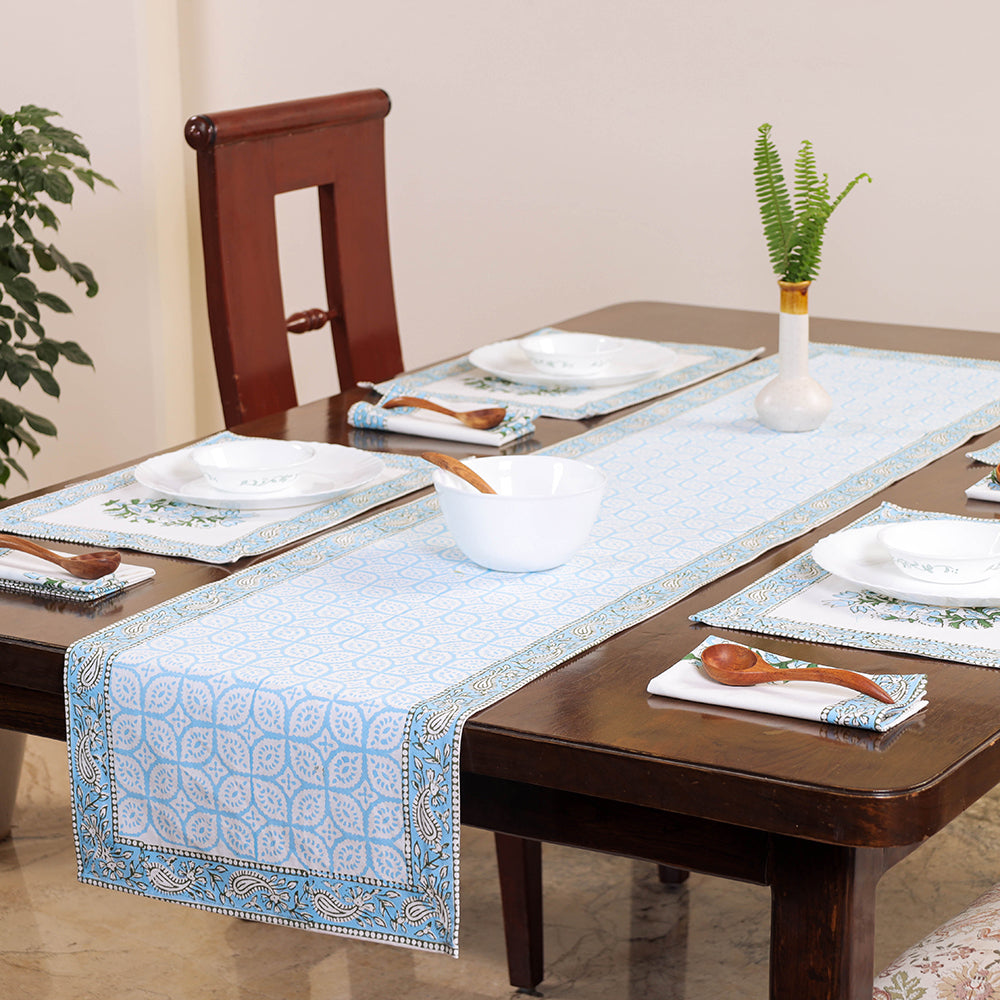 Blue - Sanganeri Print Cotton Table Runner with Mats & Napkins