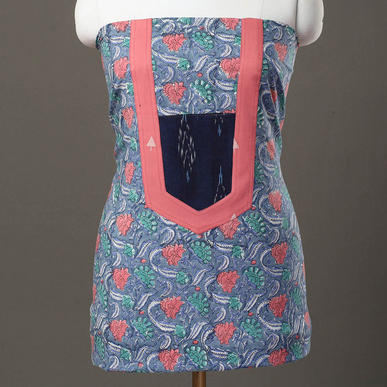 Blue - sanganeri patchwork unstitched kurta material (3m)