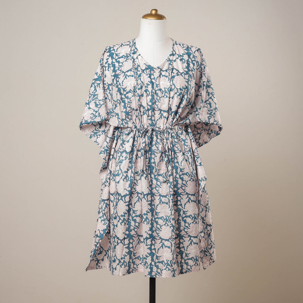 Blue Hand Block Print Cotton Kaftan with Tie-Up Waist