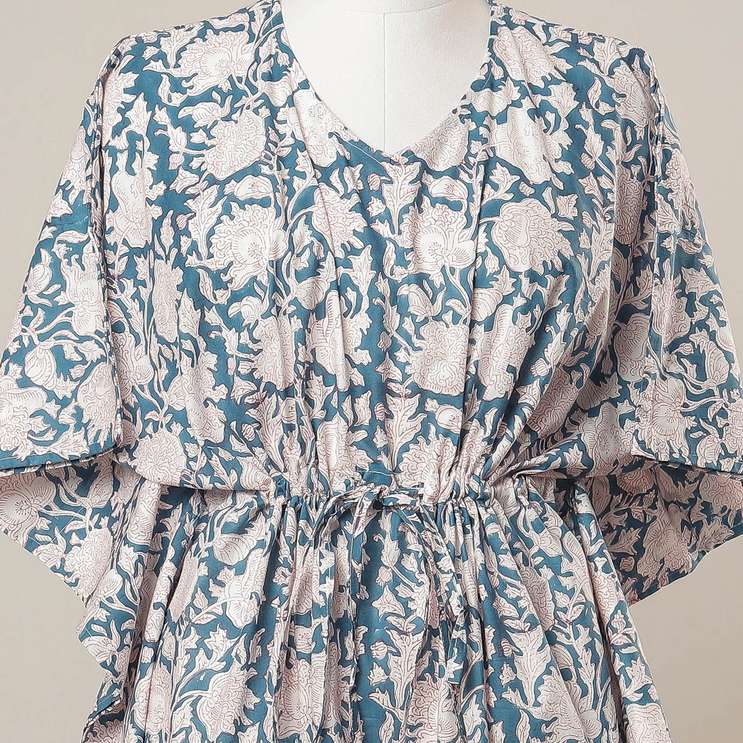 Blue Hand Block Print Cotton Kaftan with Tie-Up Waist