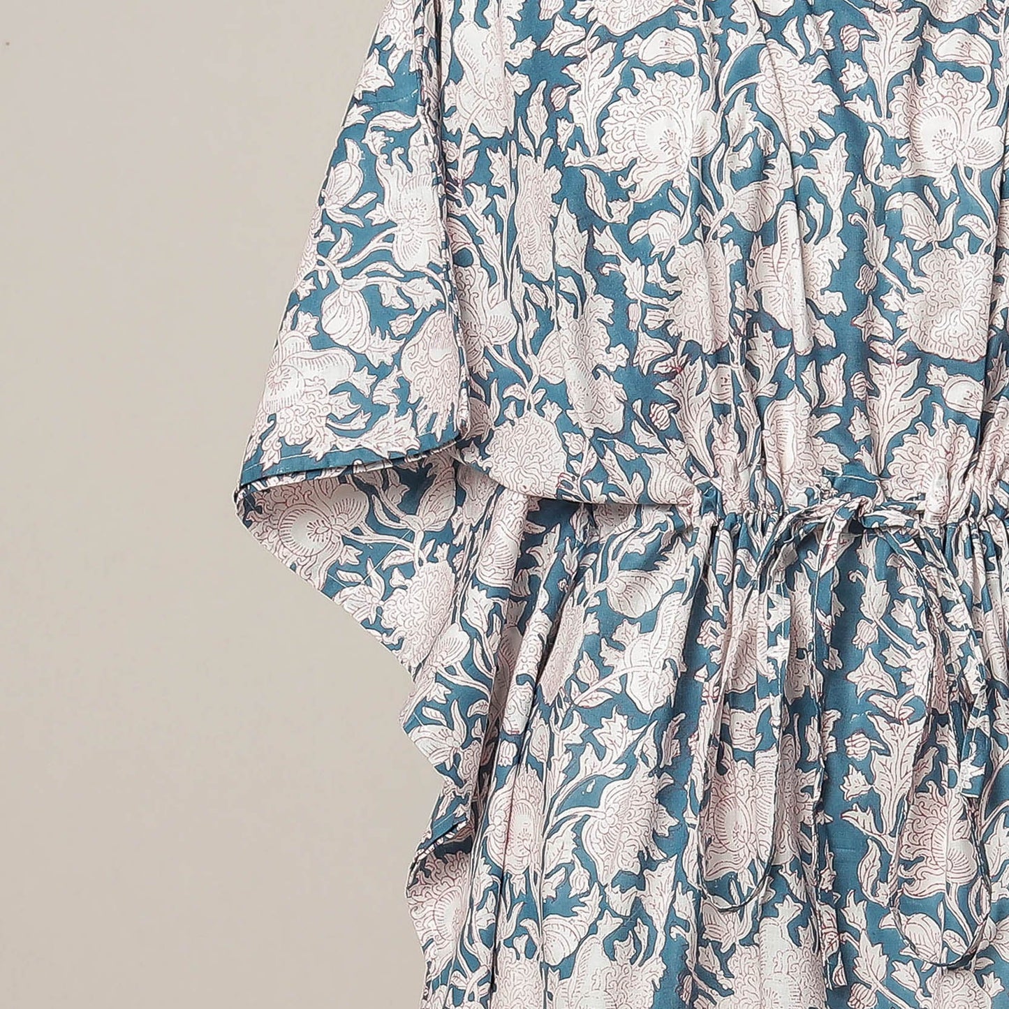 Blue Hand Block Print Cotton Kaftan with Tie-Up Waist