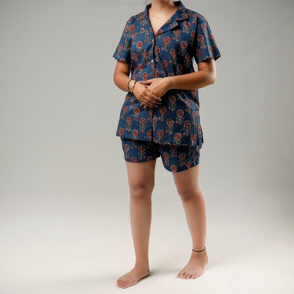 Blue Sanganeri Block Printed Cotton Night Suit