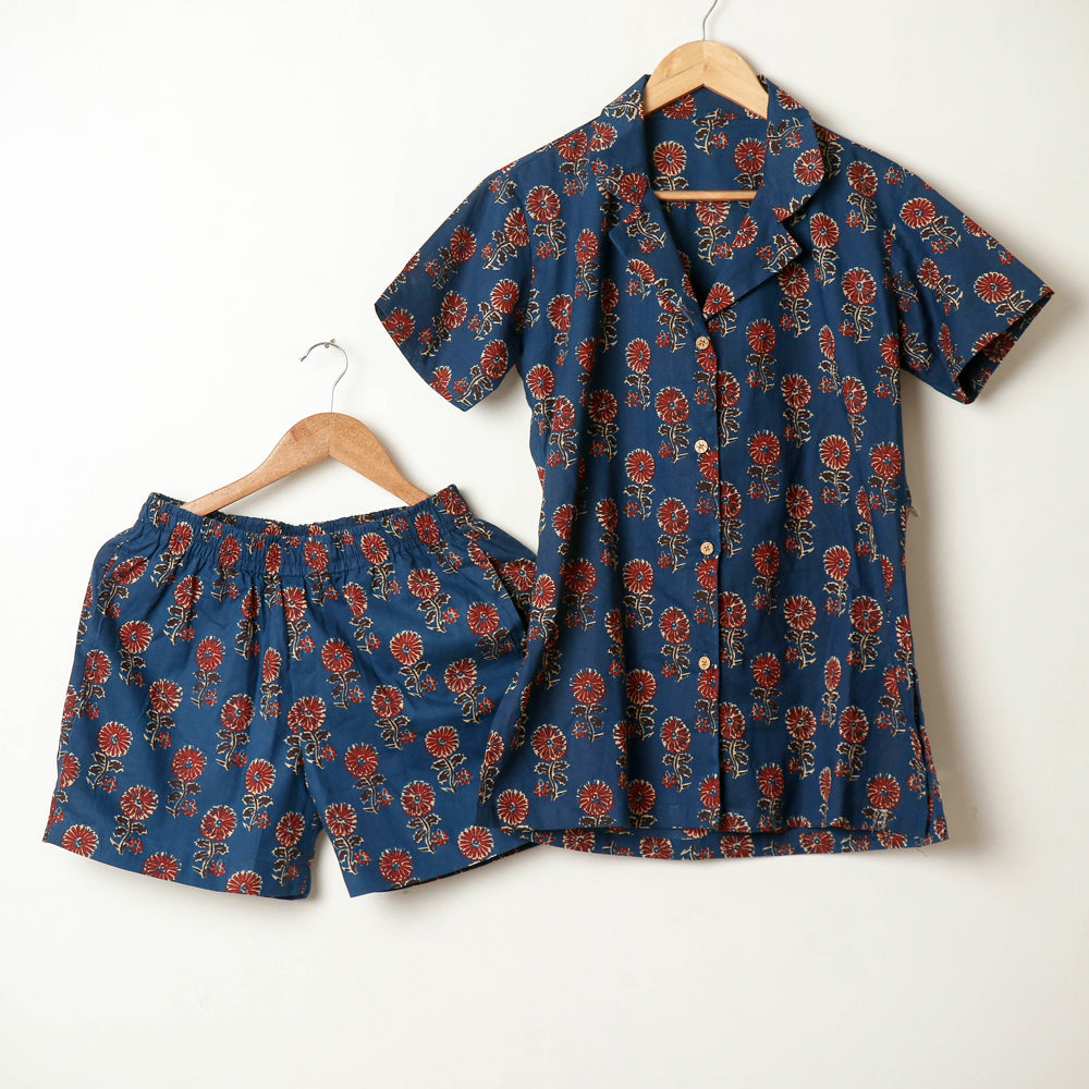 Blue Sanganeri Block Printed Cotton Night Suit