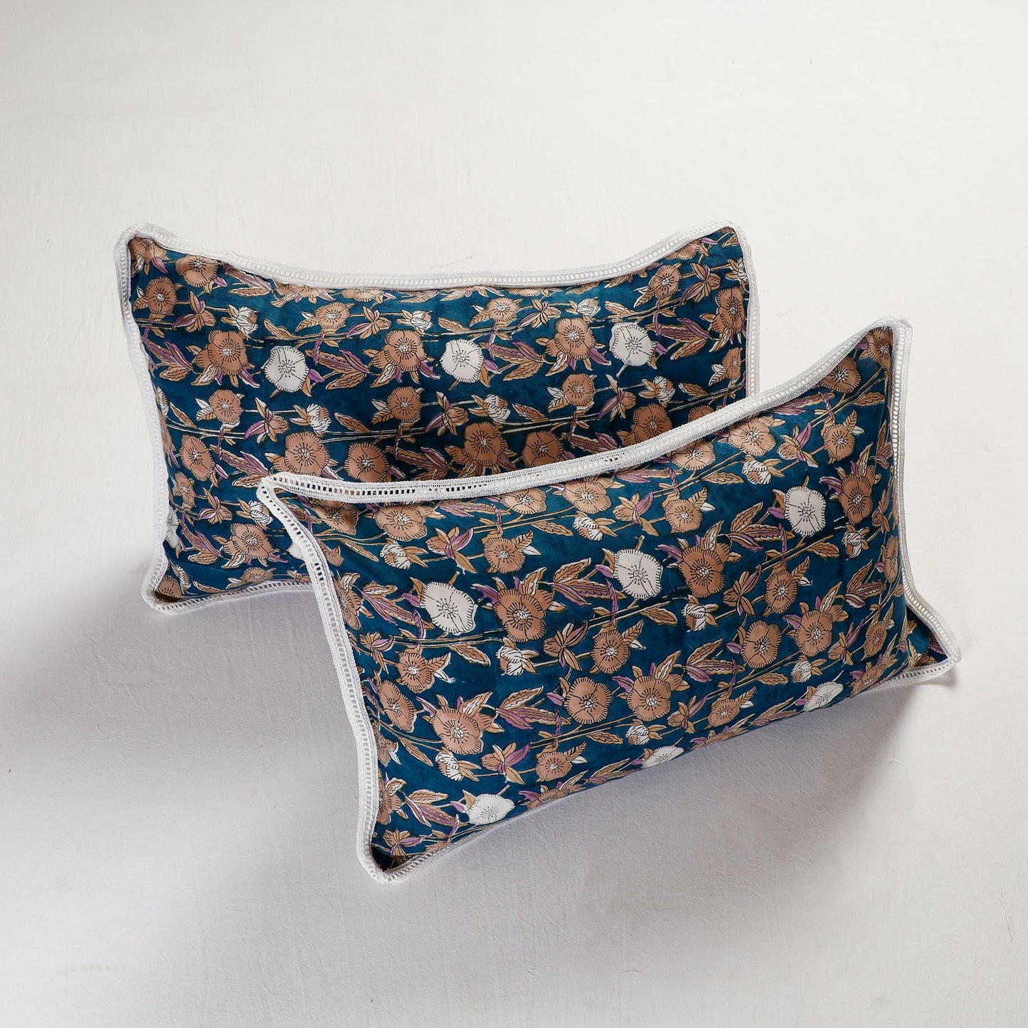 Sanganeri Block Printed Cotton Pillow Cover with Lace (26 x 16 in) - Set of 2