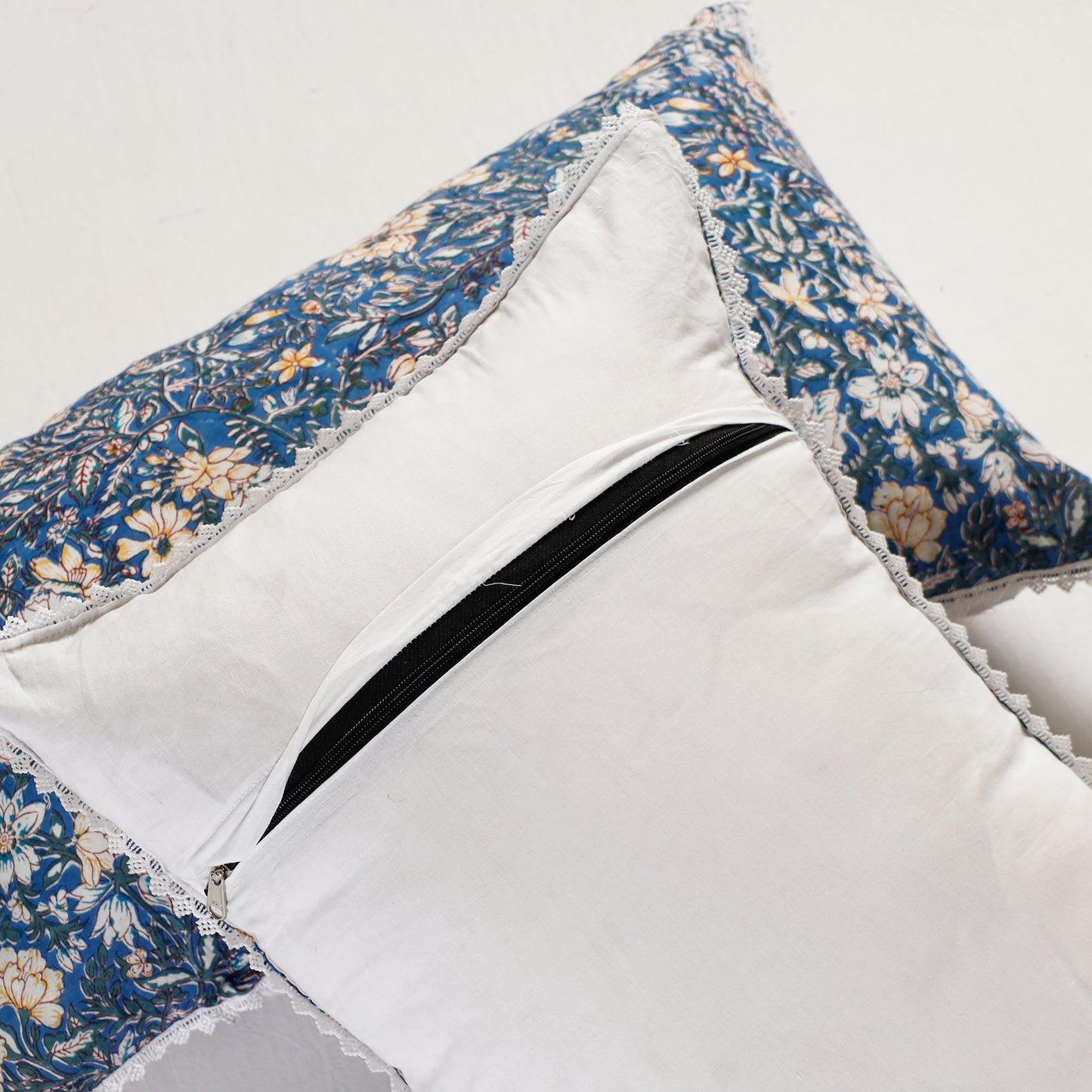BuySanganeri Block Printed Cotton Pillow Cover With Lace (26 x 16 in) - Set of 2