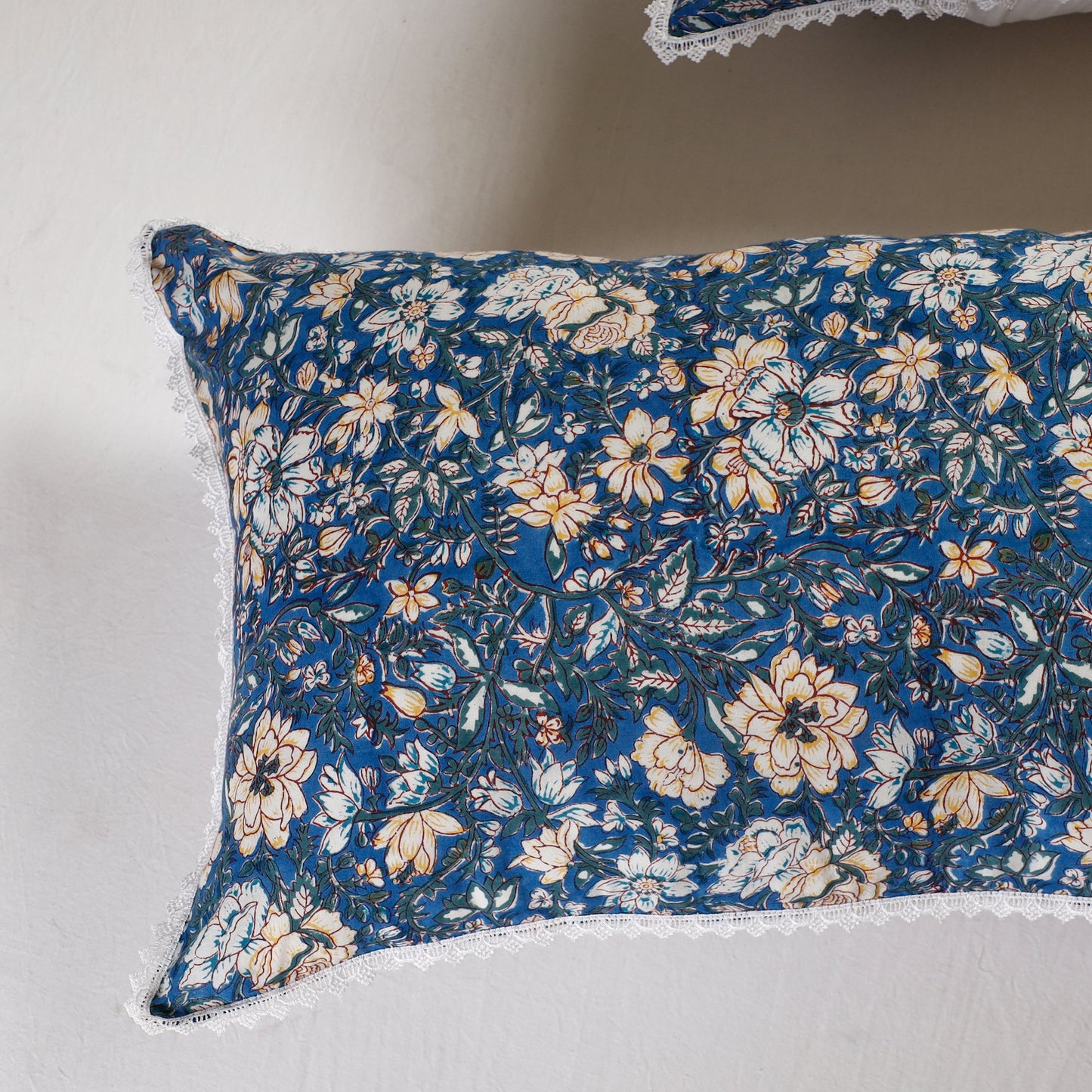 BuySanganeri Block Printed Cotton Pillow Cover With Lace (26 x 16 in) - Set of 2