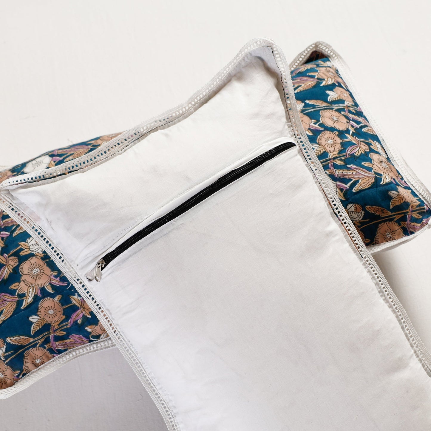 Sanganeri Block Printed Cotton Pillow Cover with Lace (26 x 16 in) - Set of 2