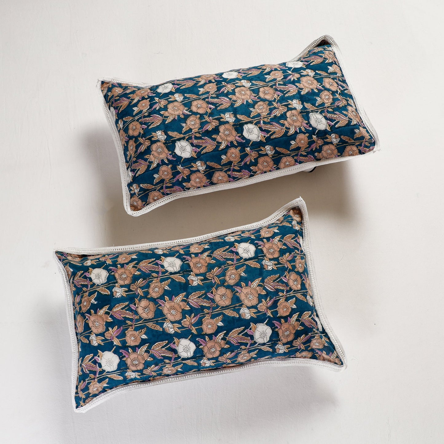 Sanganeri Block Printed Cotton Pillow Cover with Lace (26 x 16 in) - Set of 2