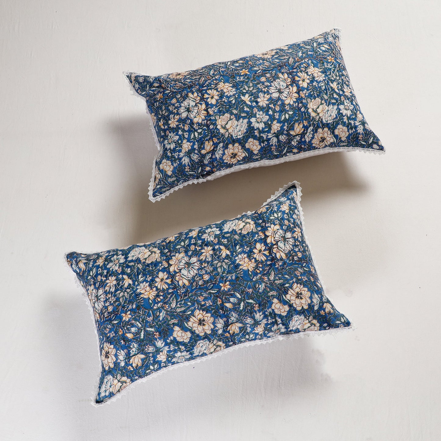 BuySanganeri Block Printed Cotton Pillow Cover With Lace (26 x 16 in) - Set of 2