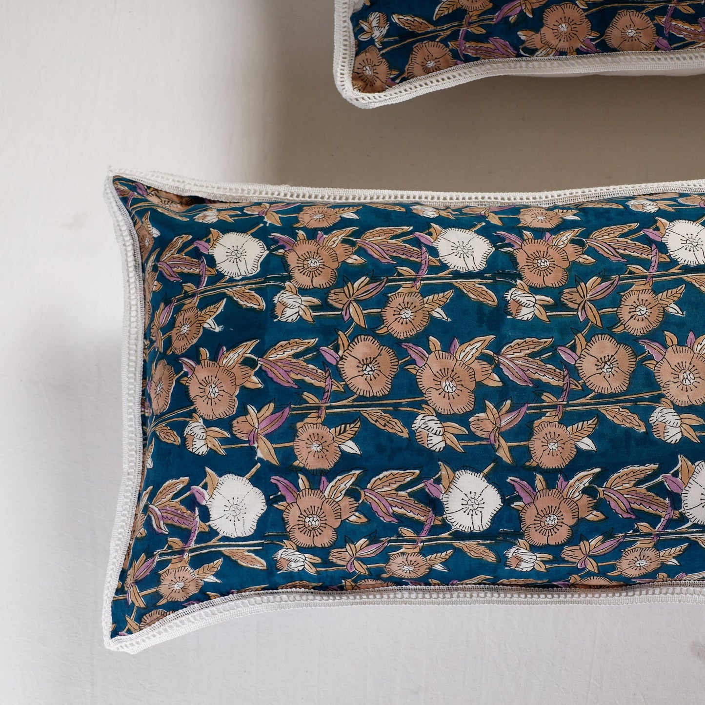 Sanganeri Block Printed Cotton Pillow Cover with Lace (26 x 16 in) - Set of 2