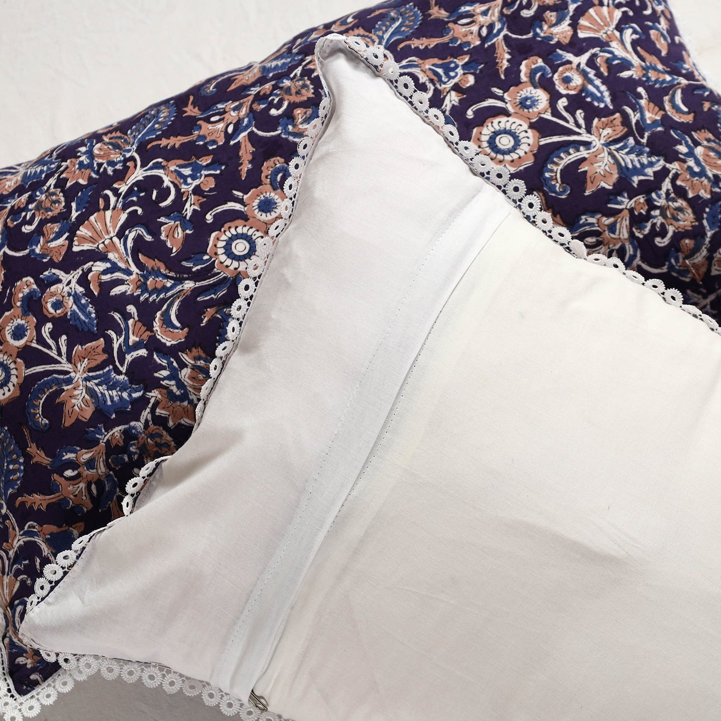 Sanganeri Block Printed Cotton Pillow Cover with Lace (28 x 18 in) - Set of 2