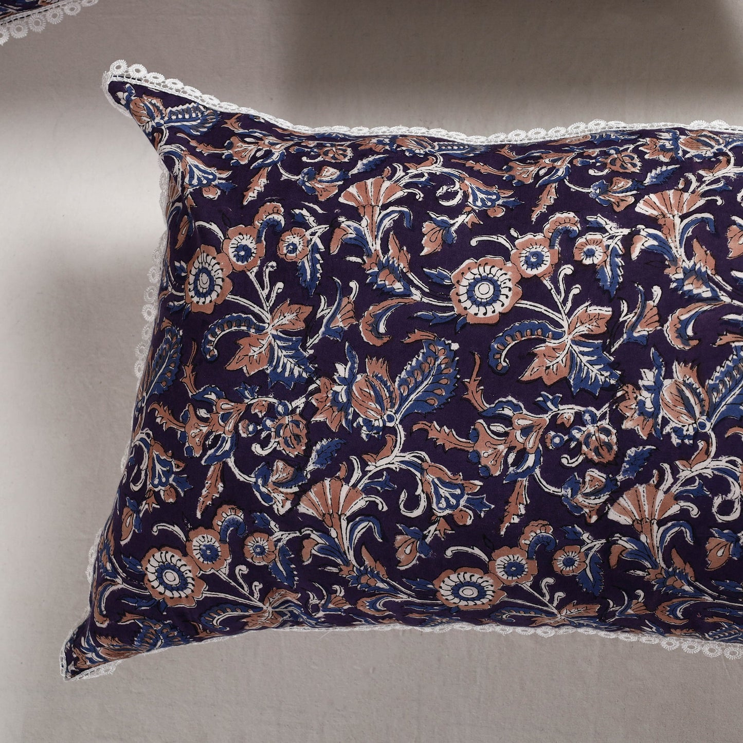 Sanganeri Block Printed Cotton Pillow Cover with Lace (28 x 18 in) - Set of 2