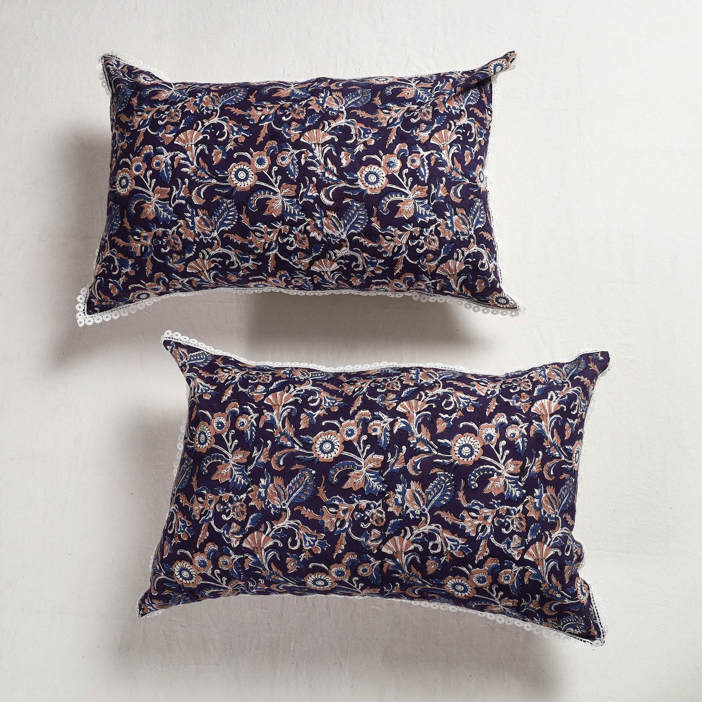 Sanganeri Block Printed Cotton Pillow Cover with Lace (28 x 18 in) - Set of 2