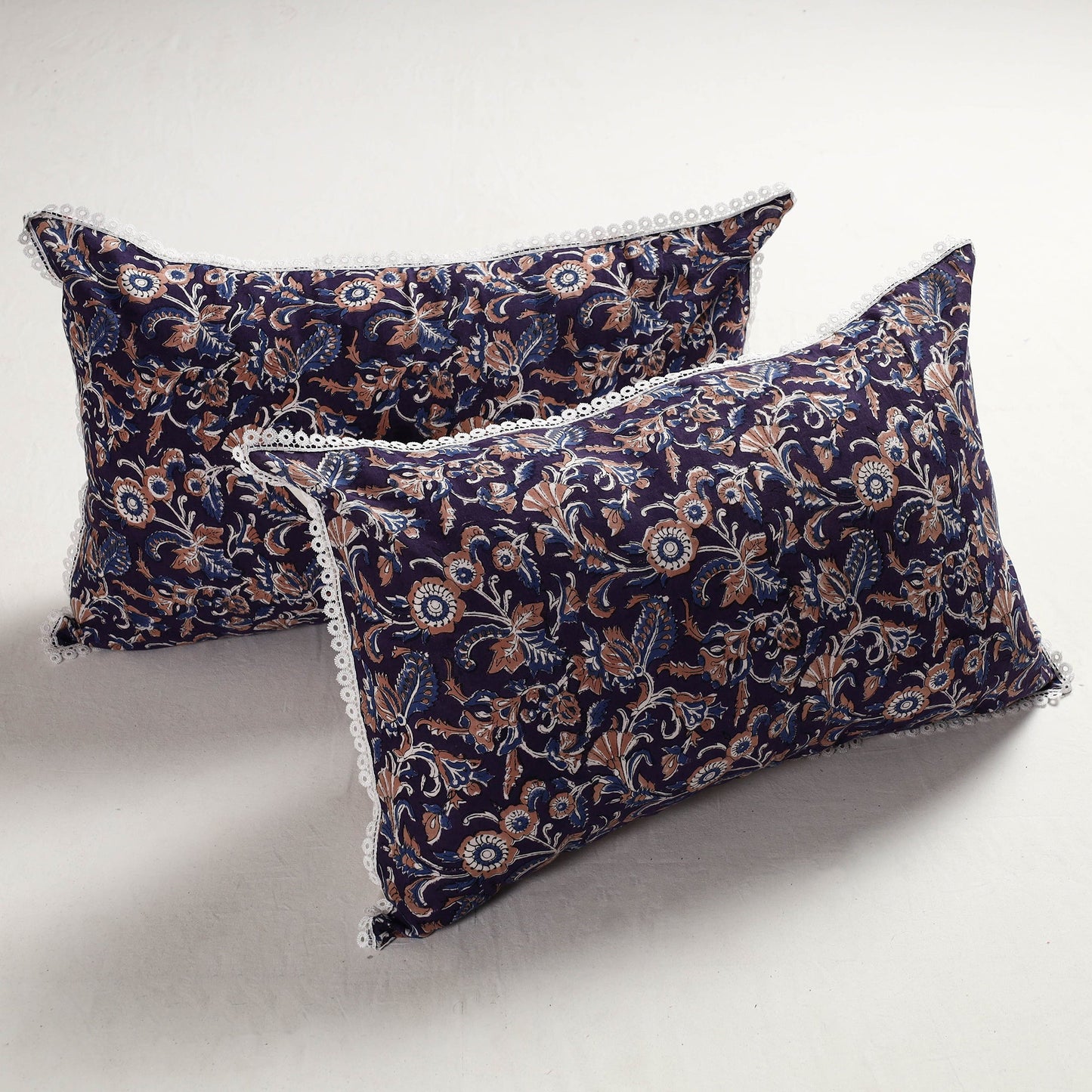 Sanganeri Block Printed Cotton Pillow Cover with Lace (28 x 18 in) - Set of 2