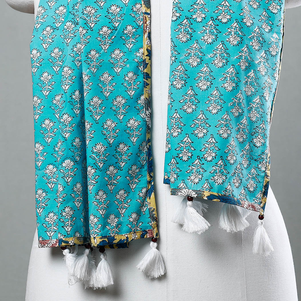 Sanganeri Block Printed Cotton Stole with Tassels