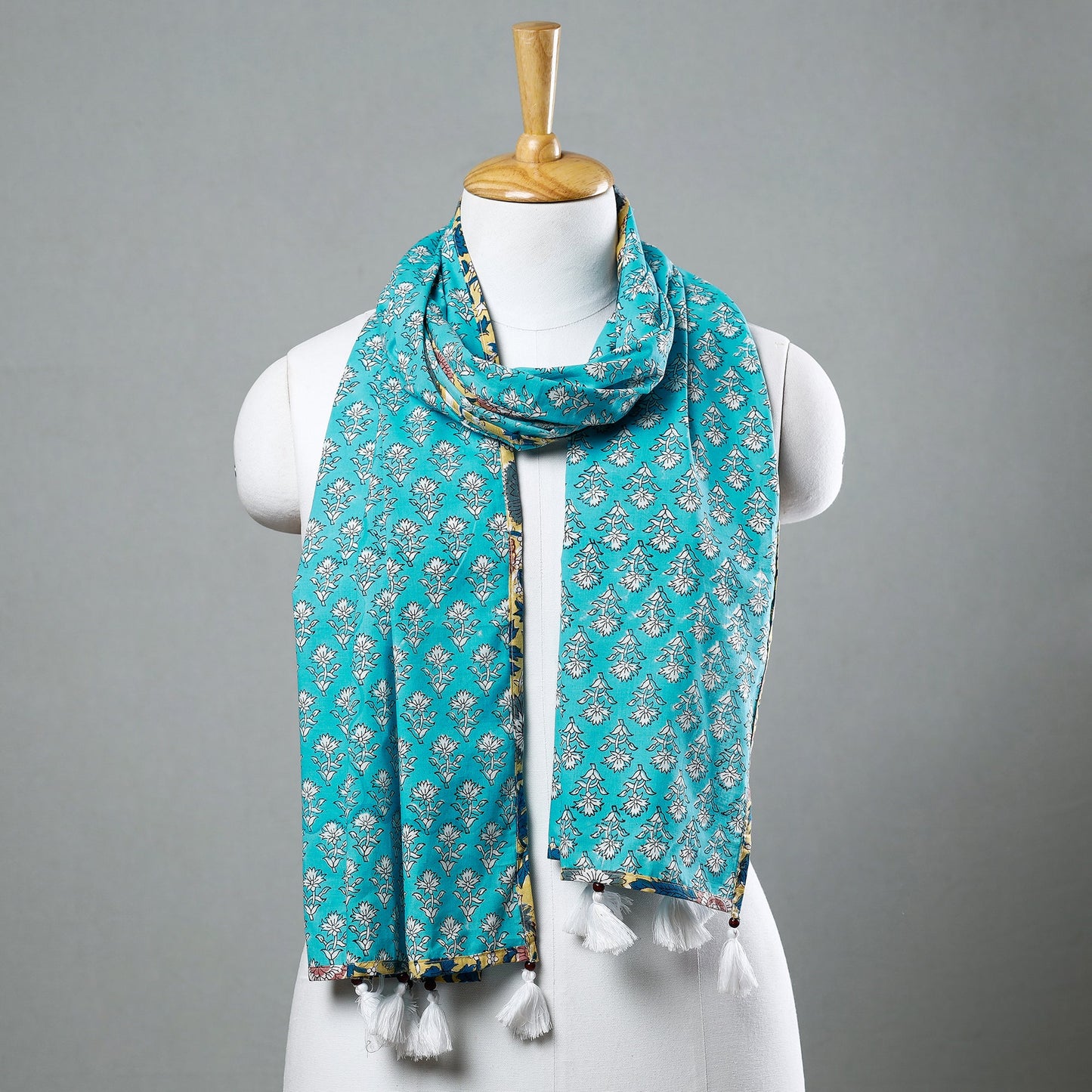 Sanganeri Block Printed Cotton Stole with Tassels