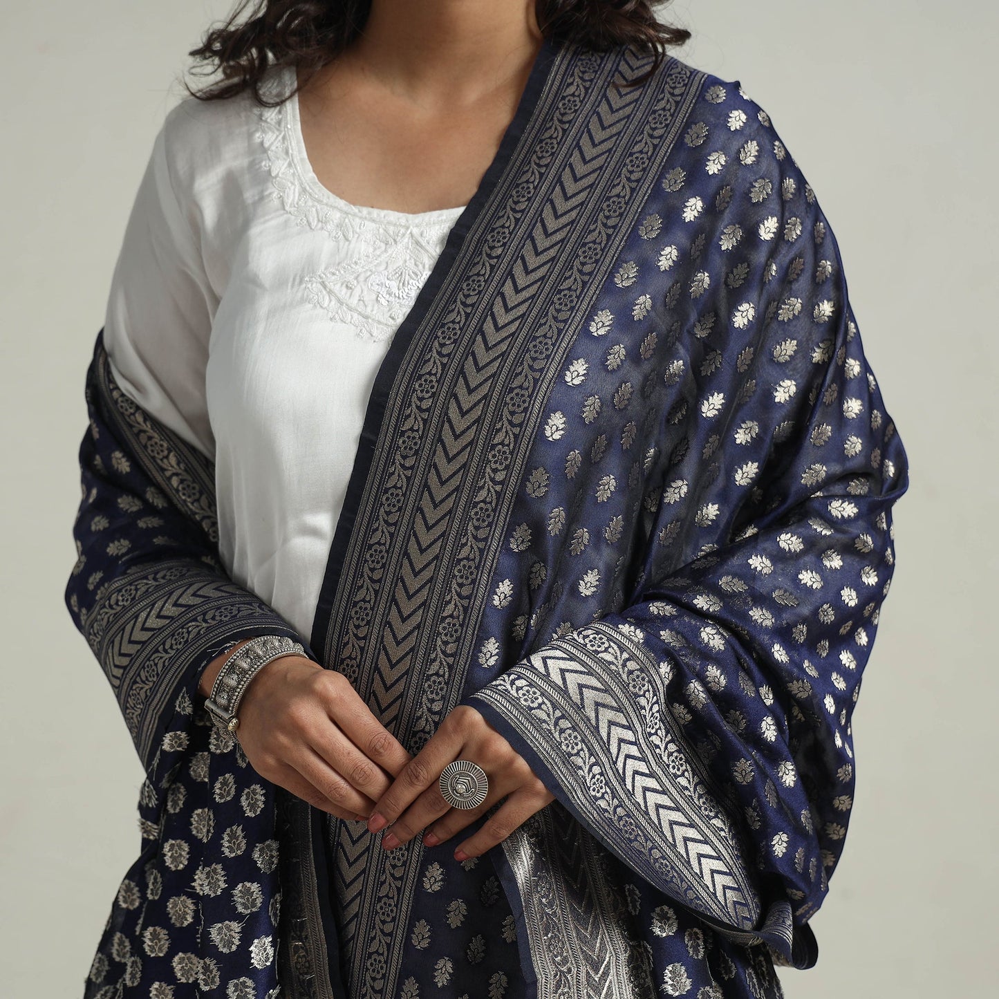Blue - Semi Silk Zari Jaal Banarasi Dupatta 36
