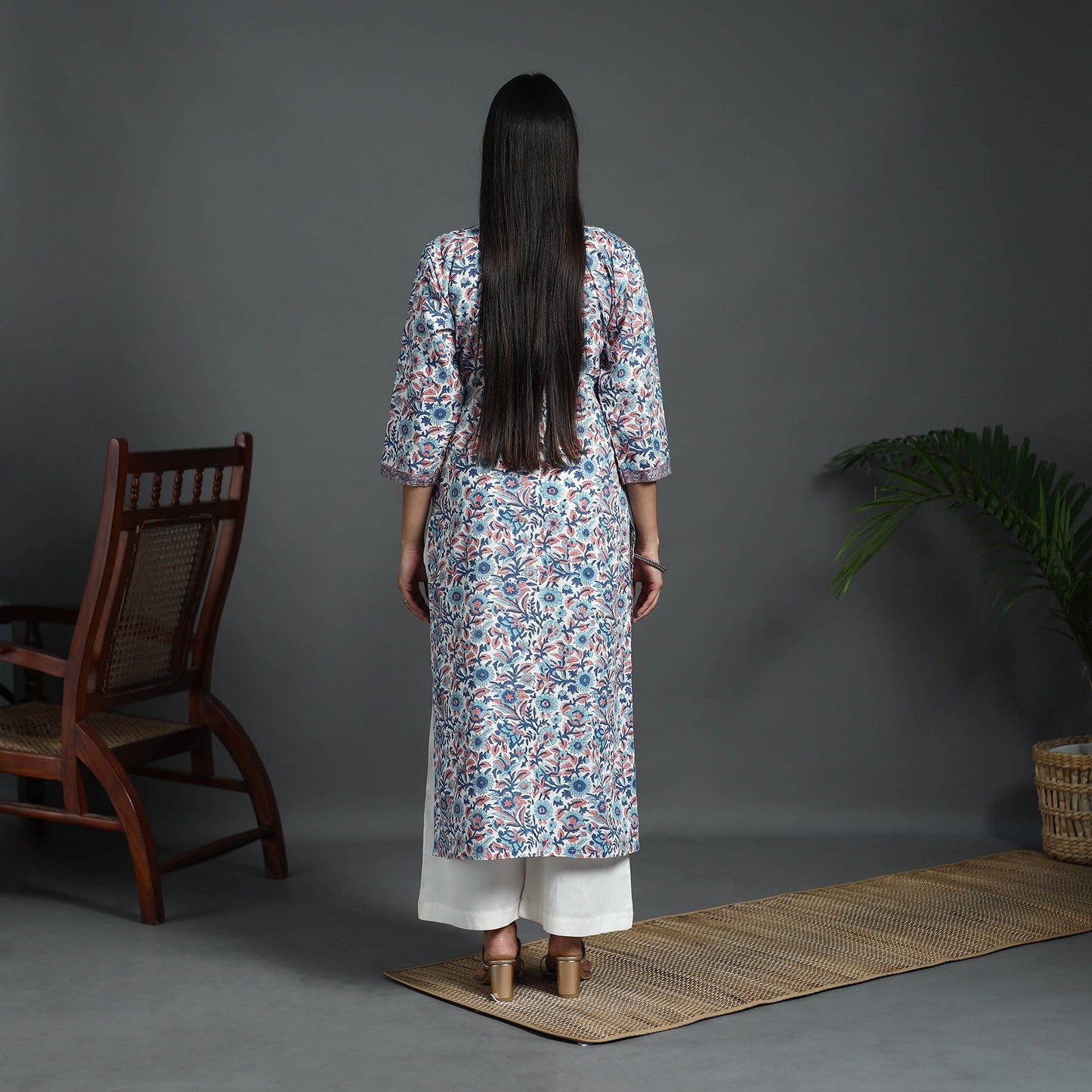 Blue Sequins Work Cotton Straight Sanganeri Print Kurta for Women